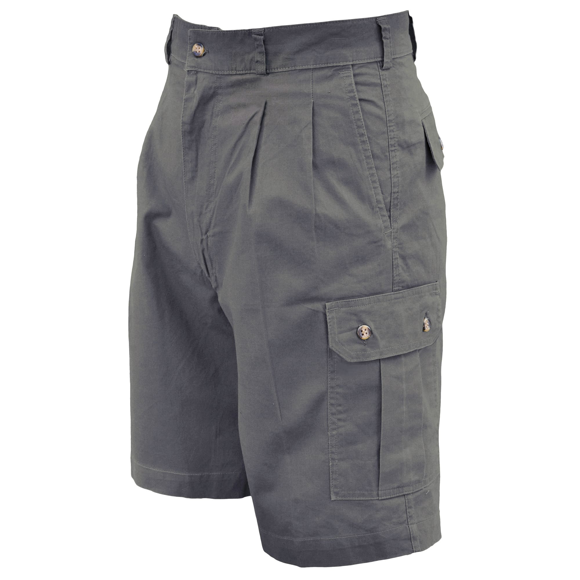 Front view of Tag Safari Cargo Shorts for Men in Olive Gray. Shows two slash-style hip pockets, two button-flap thigh pockets, and a 9