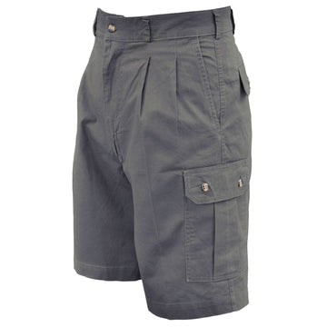 Safari Cargo Shorts for Men feature slash-style side pockets, button-flap thigh and back pockets, discreet elastic waist panels, large belt loops, and a 9" inseam. Shown in Olive Gray.