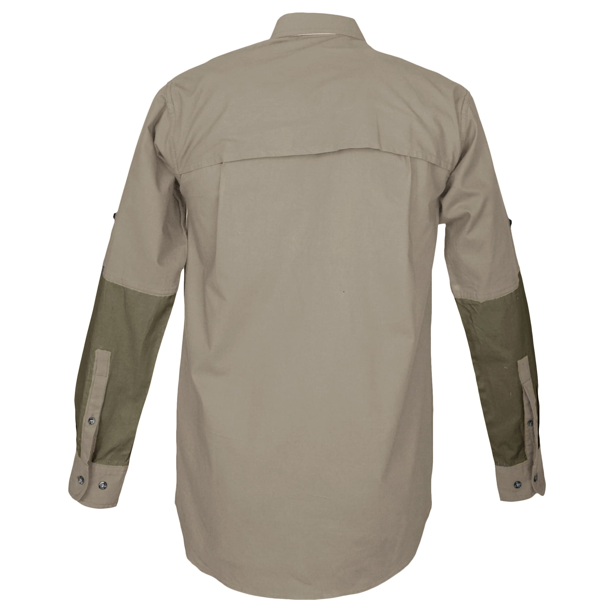Back view of a Tag Safari Long-Sleeve Clay Bird Shirt for Men in Khaki/Moss Green. Shows a vented back, contrasted forearms, and roll-up sleeve tabs.--5