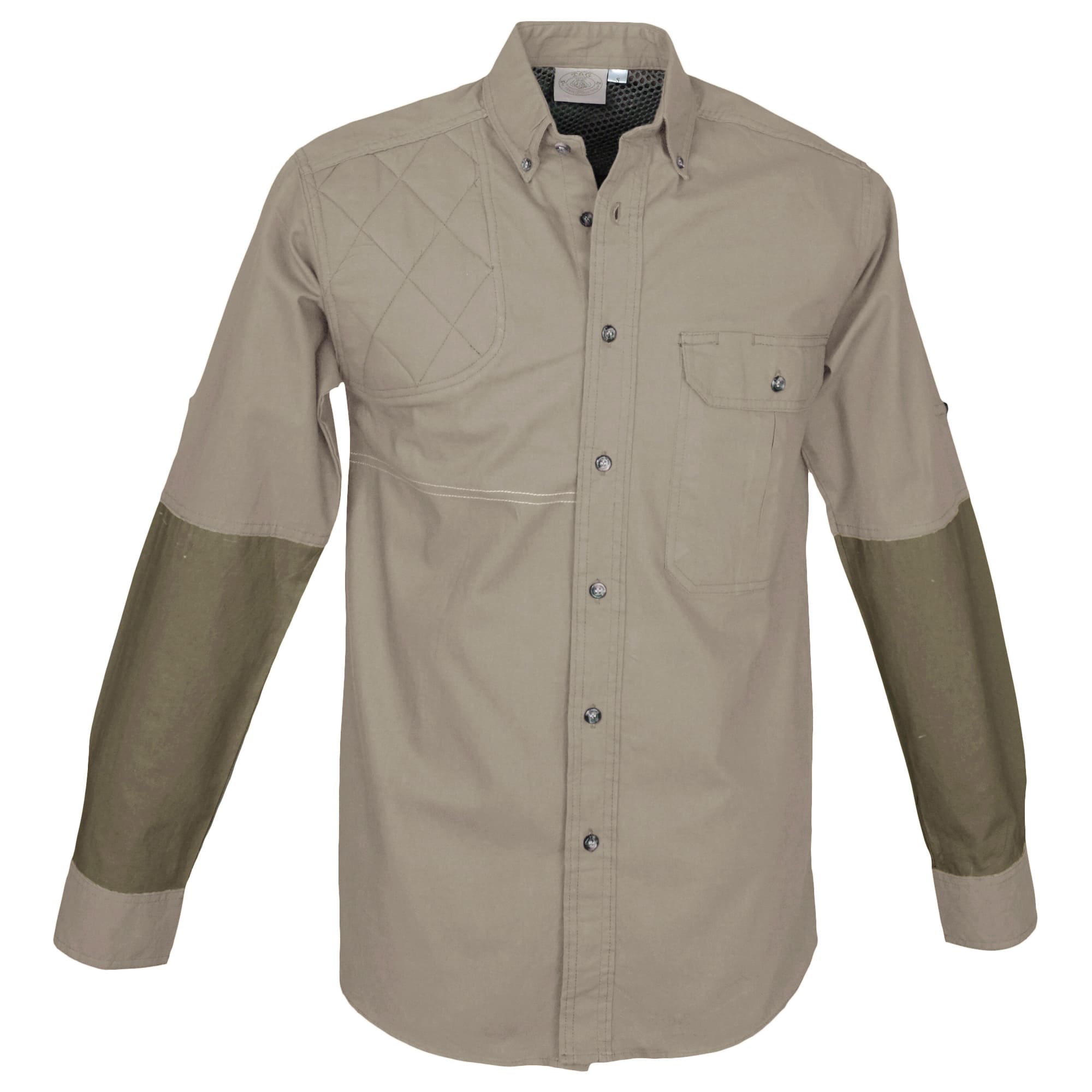 Front view of a Tag Safari Long Sleeve Clay Bird Shirt for Men in Khaki/Moss Green. Shows a mesh liner, quilted shooting pad, contrasted forearms, roll-up sleeve tabs, a button-flap chest pocket,  button-down front placket, and an FITASC stitched gun-positioning line.--4