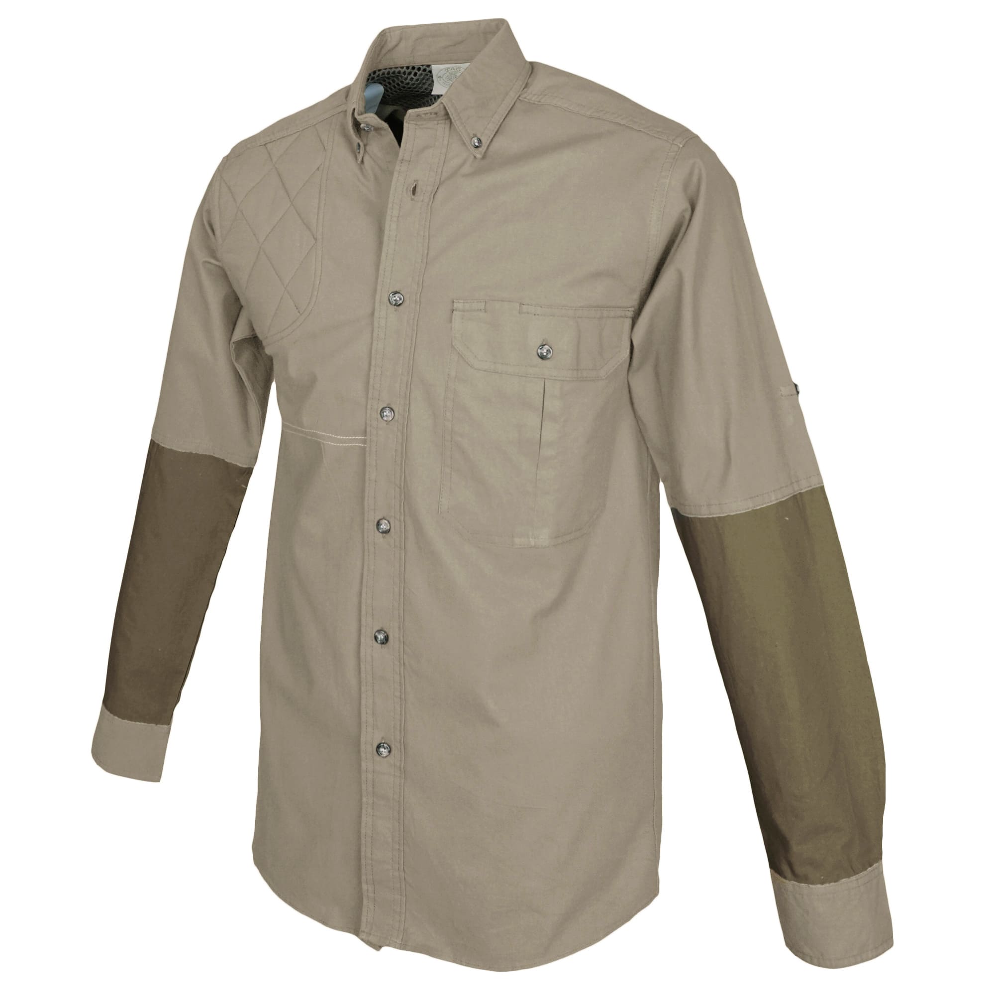 Side view of a Tag Safari Long Sleeve Clay Bird Shirt for Men in Khaki/Moss Green. Shows a mesh liner, quilted shooting pad, contrasted forearms, roll-up sleeve tabs, a button-flap chest pocket,  button-down front placket, and an FITASC stitched gun-positioning line.--6