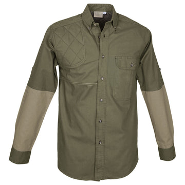 Tag Safari Long-Sleeve Clay Bird Shirt for Men features a vented back, mesh liner, quilted shooting pad, contrasted forearms, and roll-up sleeve tabs. Shown in Moss Green/Khaki.