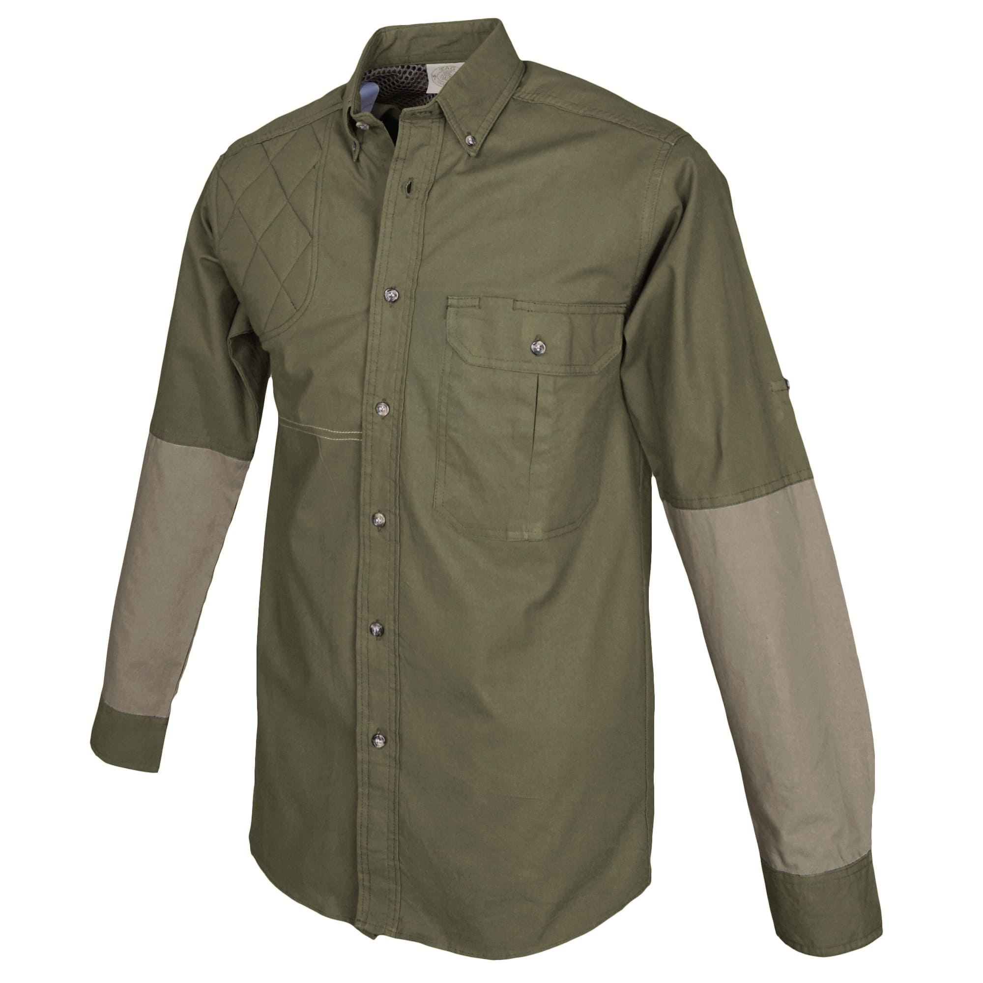 Side view of a Tag Safari Long Sleeve Clay Bird Shirt for Men in Moss Green/Khaki. Shows a mesh liner, quilted shooting pad, contrasted forearms, roll-up sleeve tabs, a button-flap chest pocket,  button-down front placket, and an FITASC stitched gun-positioning line.--3
