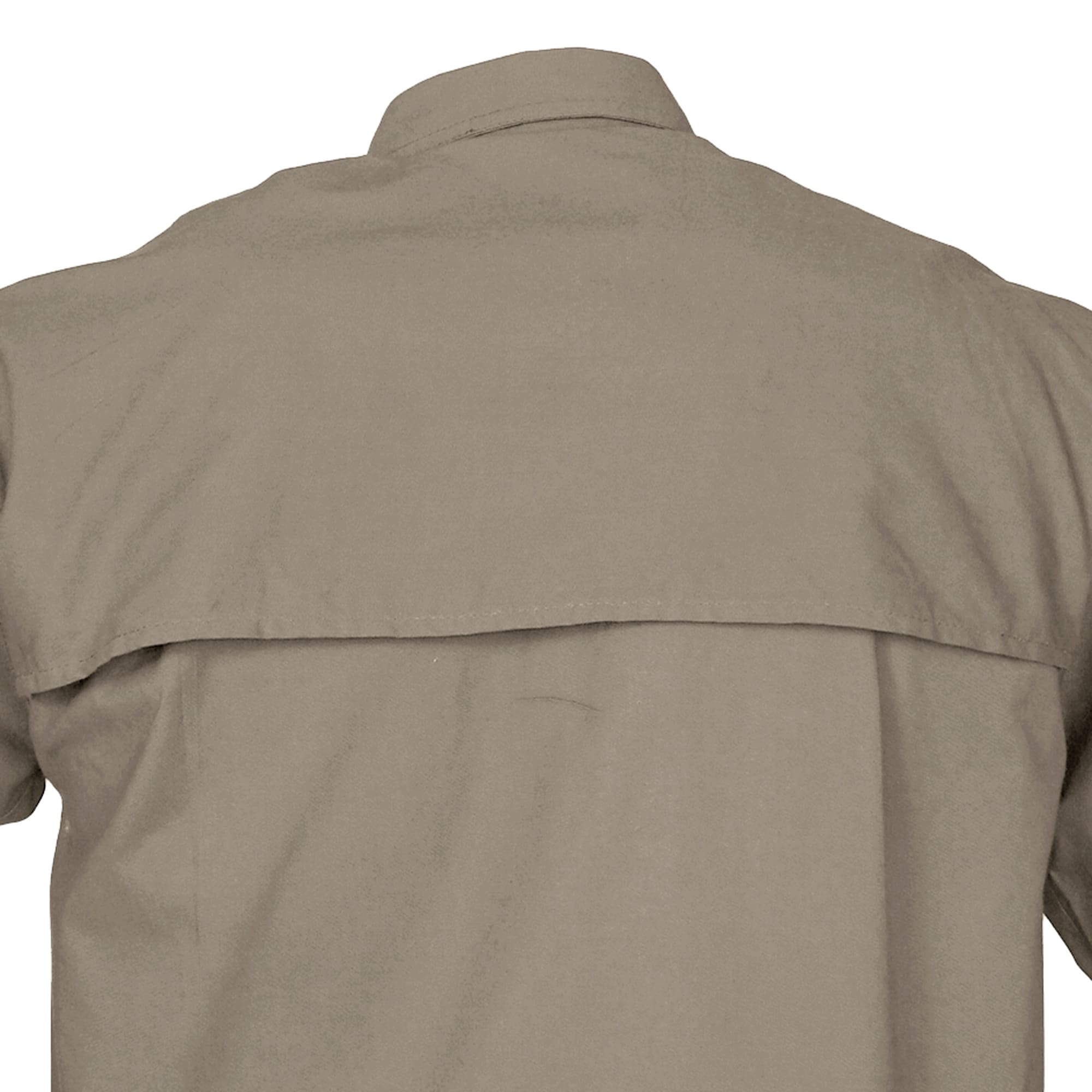Close-up of a Tag Safari Short-Sleeve Clay Bird Shirt for Men in Khaki. Shows a vented back.--4