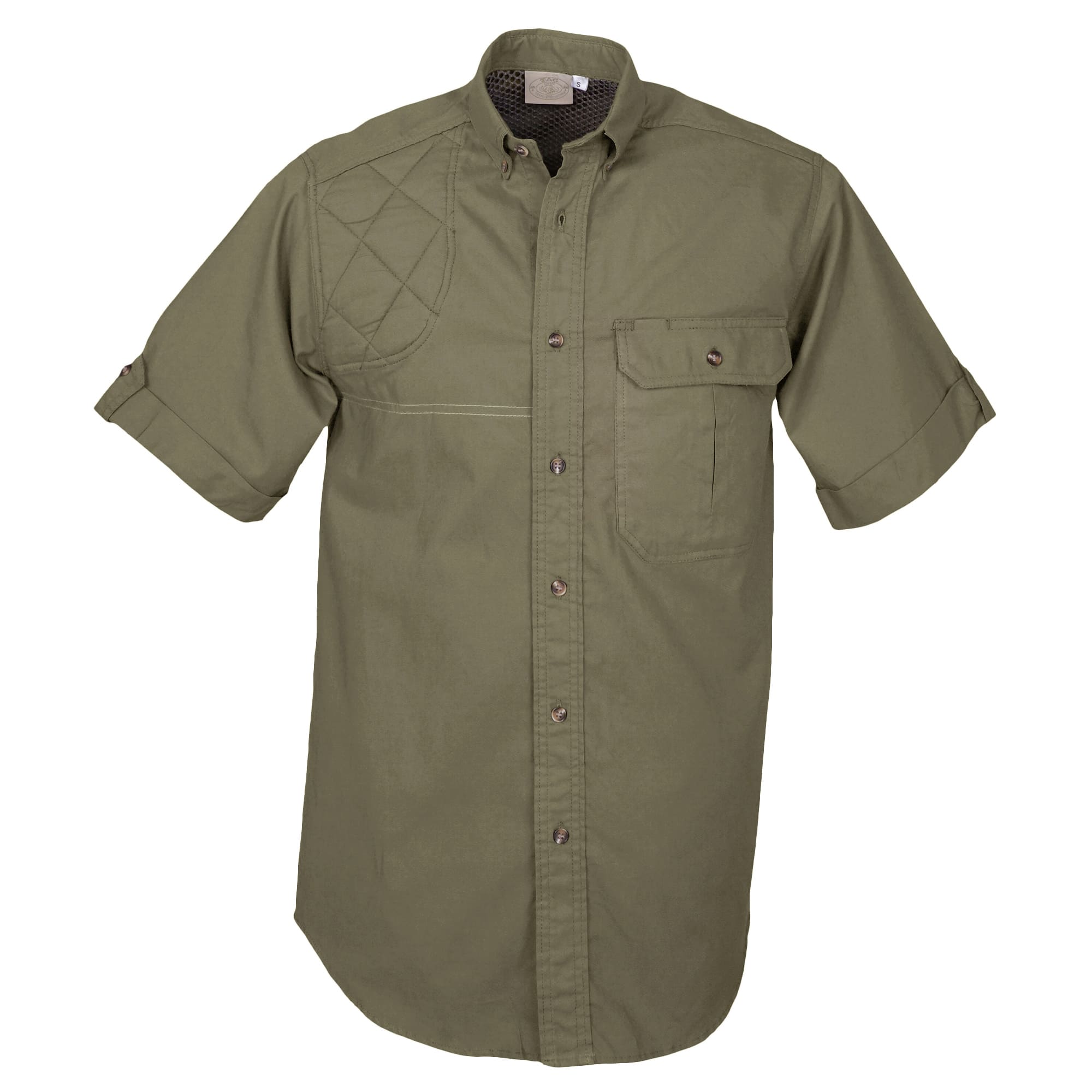 Front view of a Tag Safari Short-Sleeve Clay Bird Shirt for Men in Moss Green. Shows a mesh liner, quilted shooting pad, button-flap chest pocket, and a stitched gun-positioning line.--5