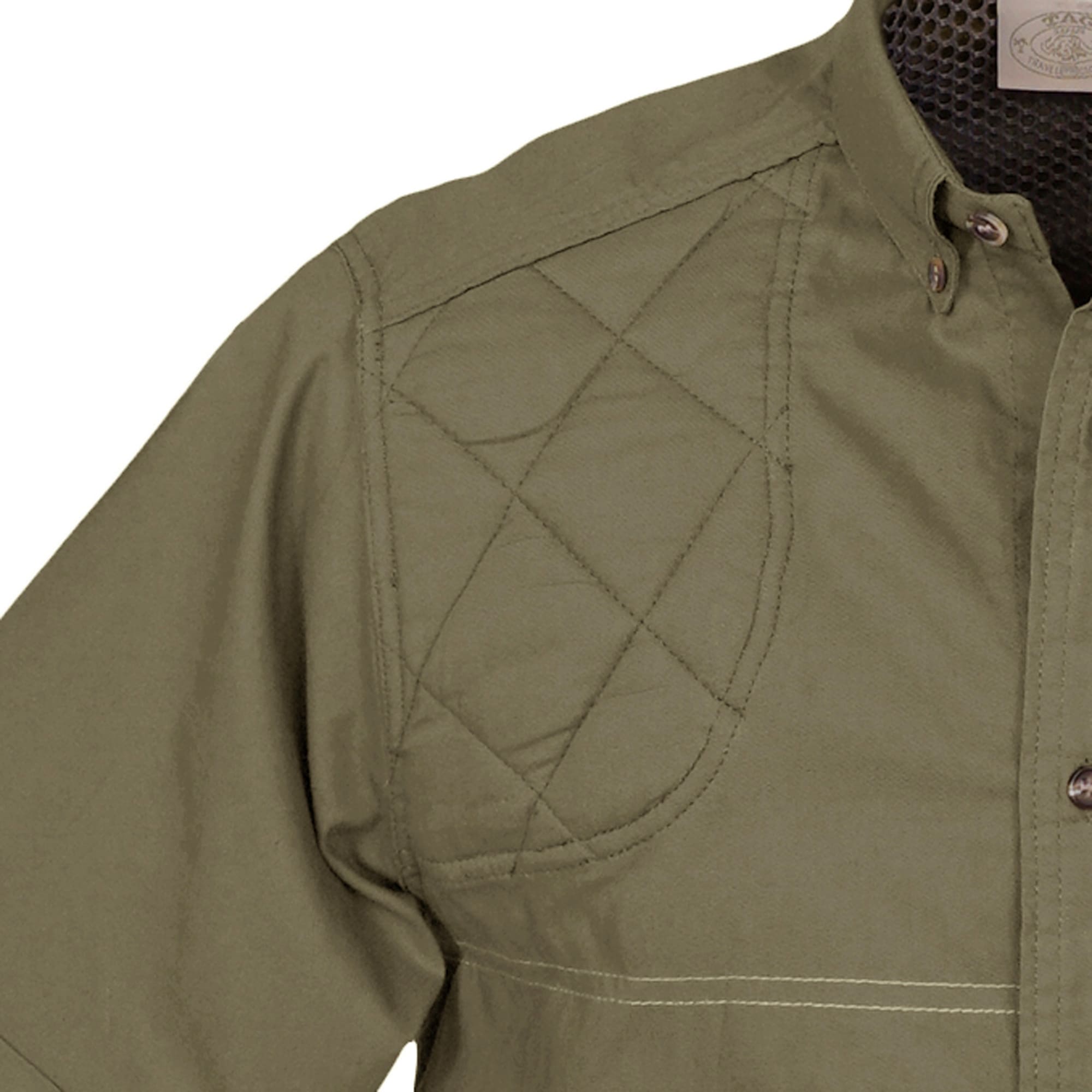 Close-up of a Tag Safari Short-Sleeve Clay Bird Shirt for Men in Moss Green. Shows a mesh liner, quilted shooting pad, button-down front placket, and a gun positioning line.--8
