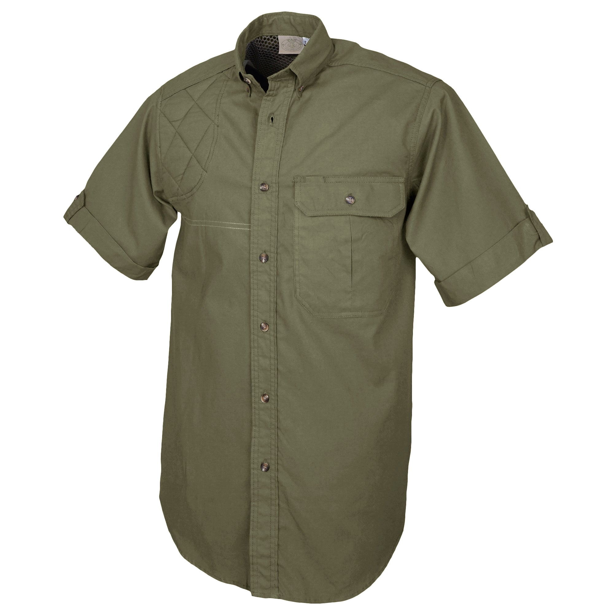 Side view of a Tag Safari Short-Sleeve Clay Bird Shirt for Men in Moss Green. Shows a mesh liner, quilted shooting pad, button-flap chest pocket, and a stitched gun-positioning line.--7