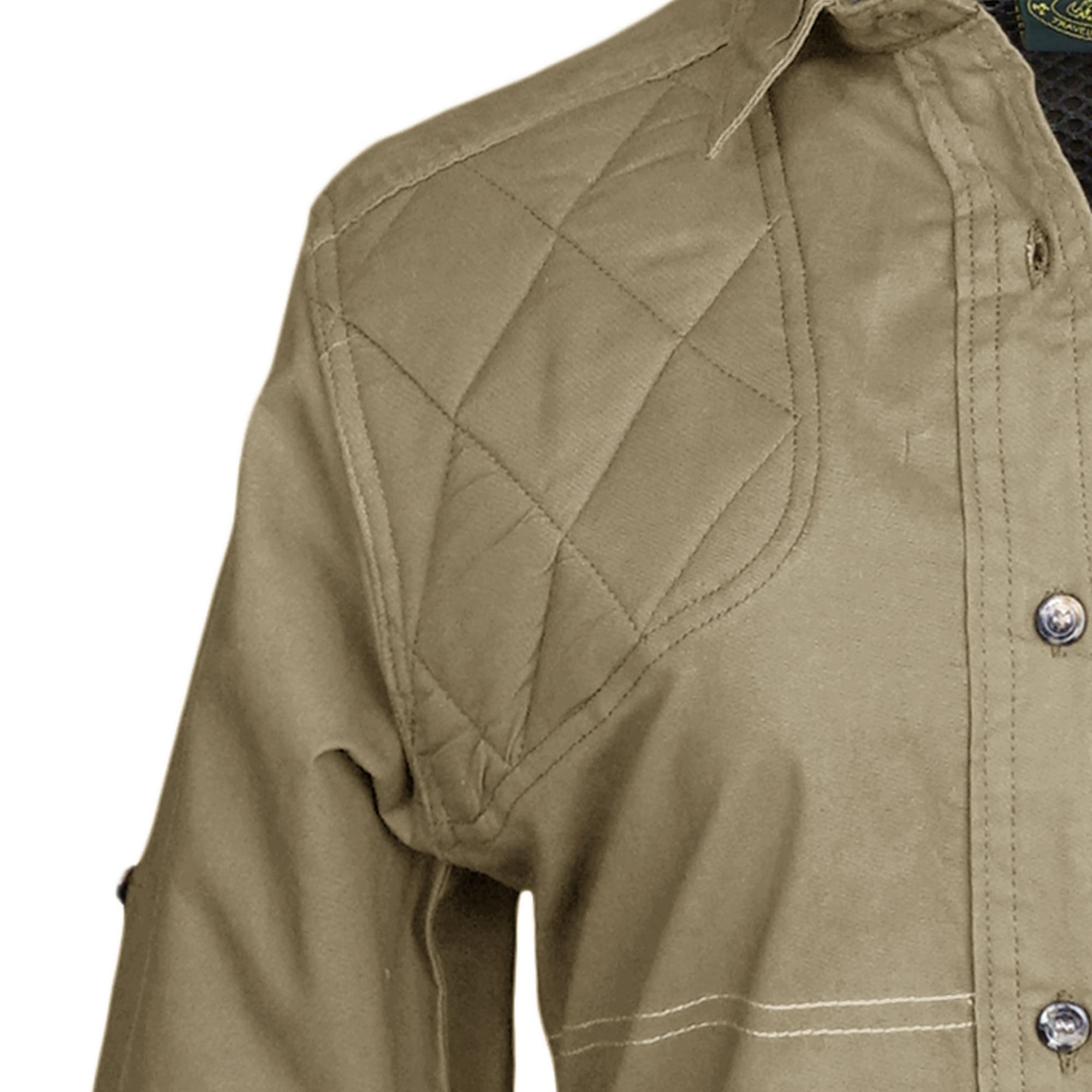 Tag Safari Long-Sleeve Clay Bird Shirt for Women features a vented back, mesh liner, quilted shooting pad, contrasted forearms, and roll-up sleeve tabs. Shown in Khaki/Moss Green.--4