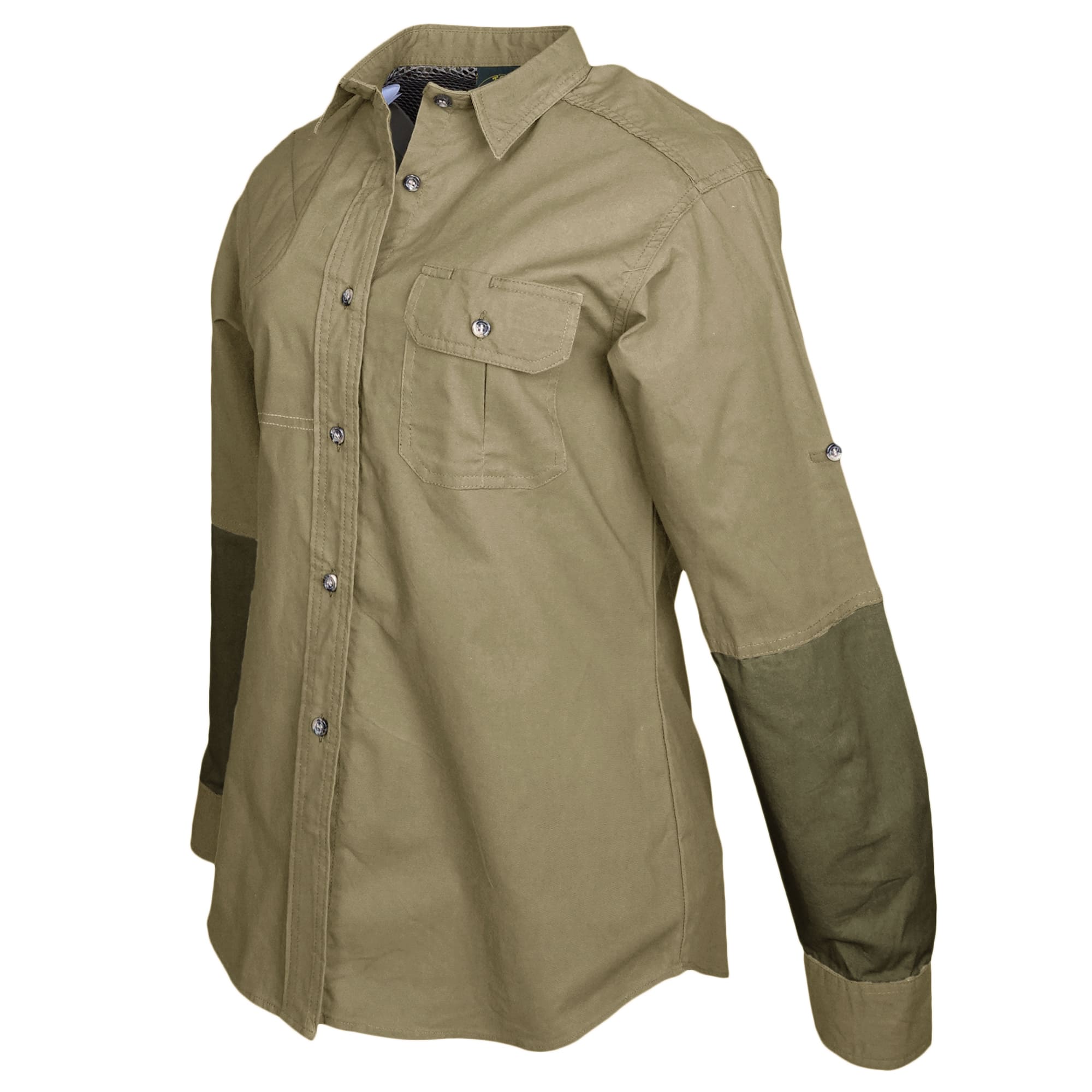 Tag Safari Long-Sleeve Clay Bird Shirt for Women features a vented back, mesh liner, quilted shooting pad, contrasted forearms, and roll-up sleeve tabs. Shown in Khaki/Moss Green.--3