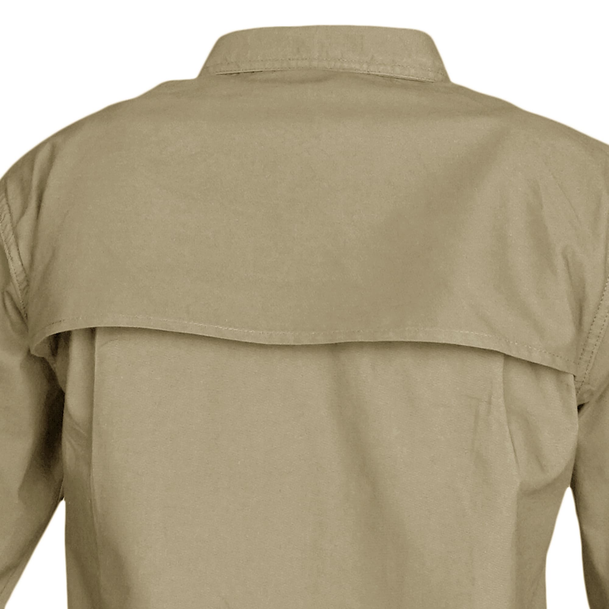 Tag Safari Long-Sleeve Clay Bird Shirt for Women features a vented back, mesh liner, quilted shooting pad, contrasted forearms, and roll-up sleeve tabs. Shown in Khaki/Moss Green.--5