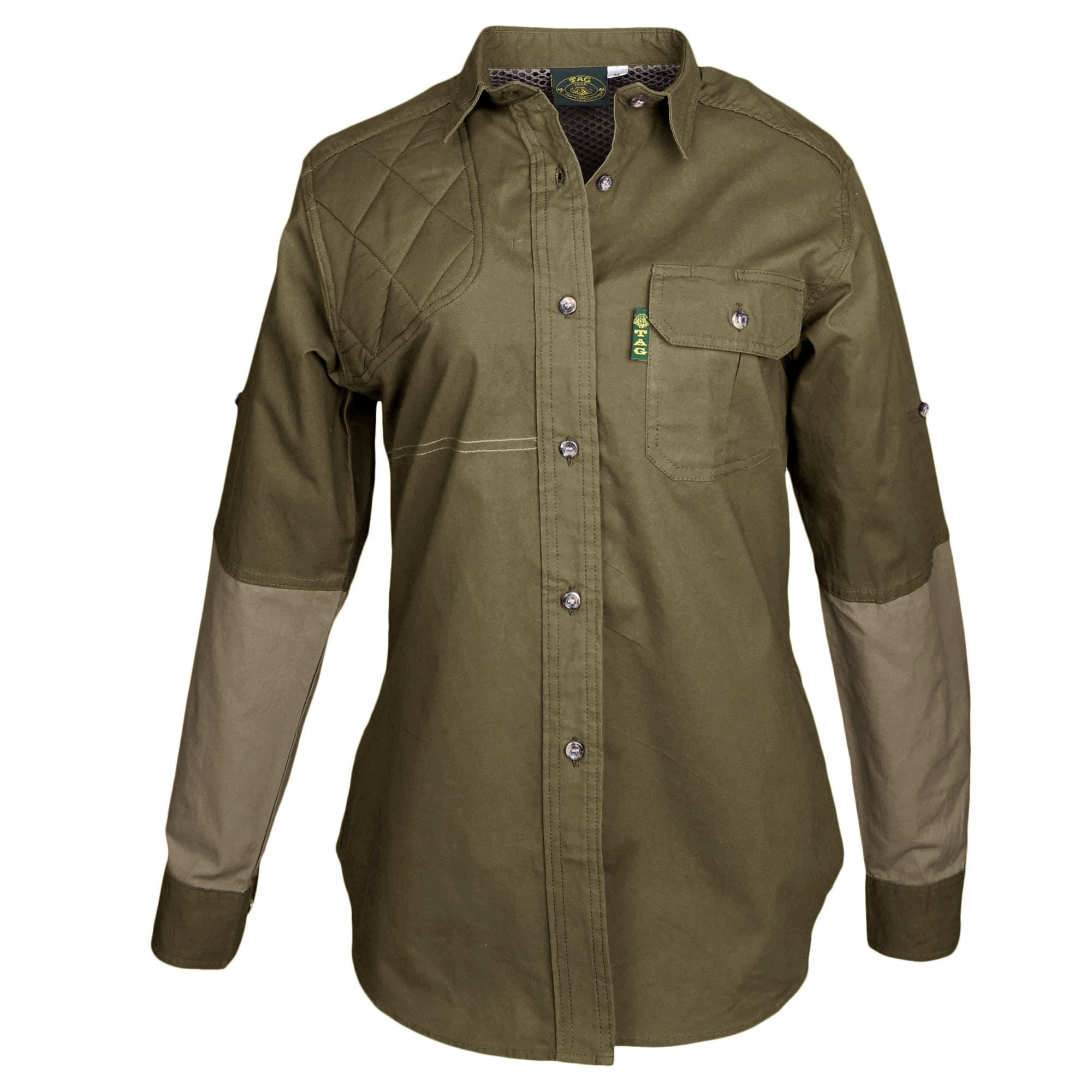 Tag Safari Long-Sleeve Clay Bird Shirt for Women features a vented back, mesh liner, quilted shooting pad, contrasted forearms, and roll-up sleeve tabs. Shown in Moss Green/Khaki.--6