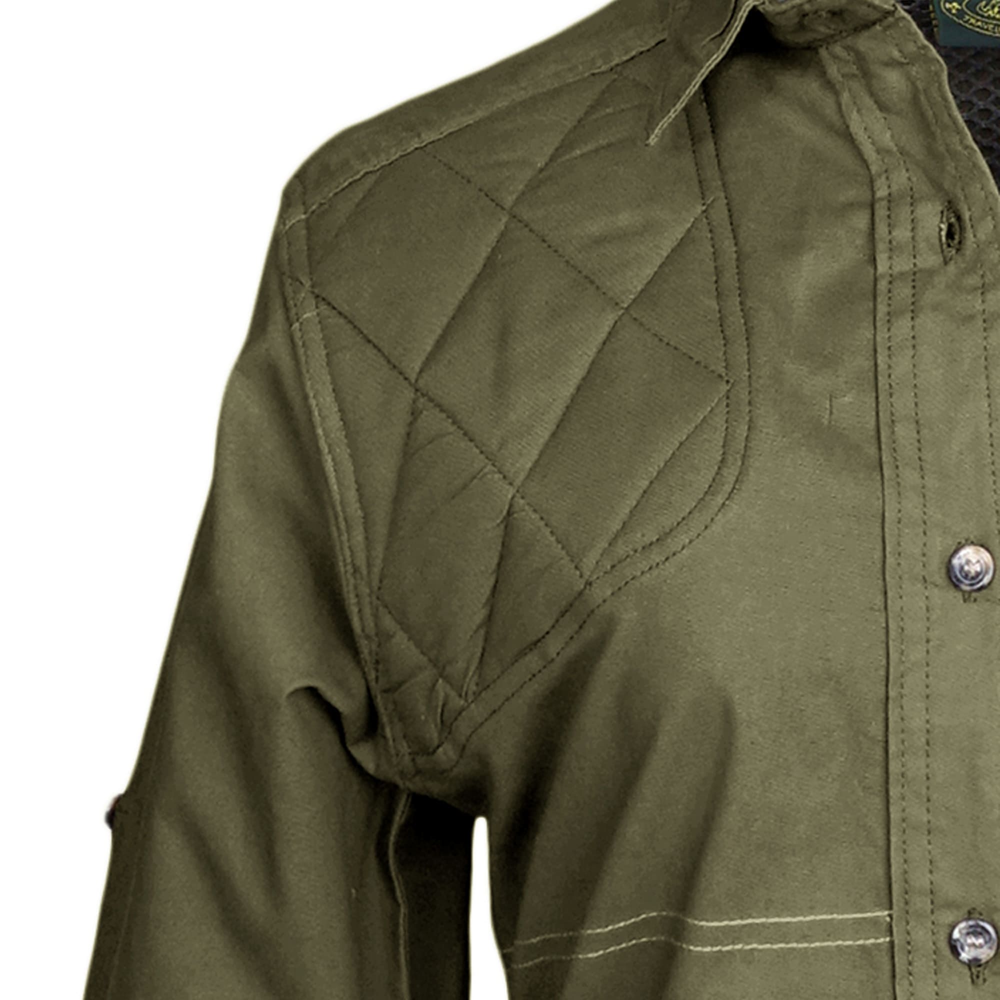 Tag Safari Long-Sleeve Clay Bird Shirt for Women features a vented back, mesh liner, quilted shooting pad, contrasted forearms, and roll-up sleeve tabs. Shown in Moss Green/Khaki.--9