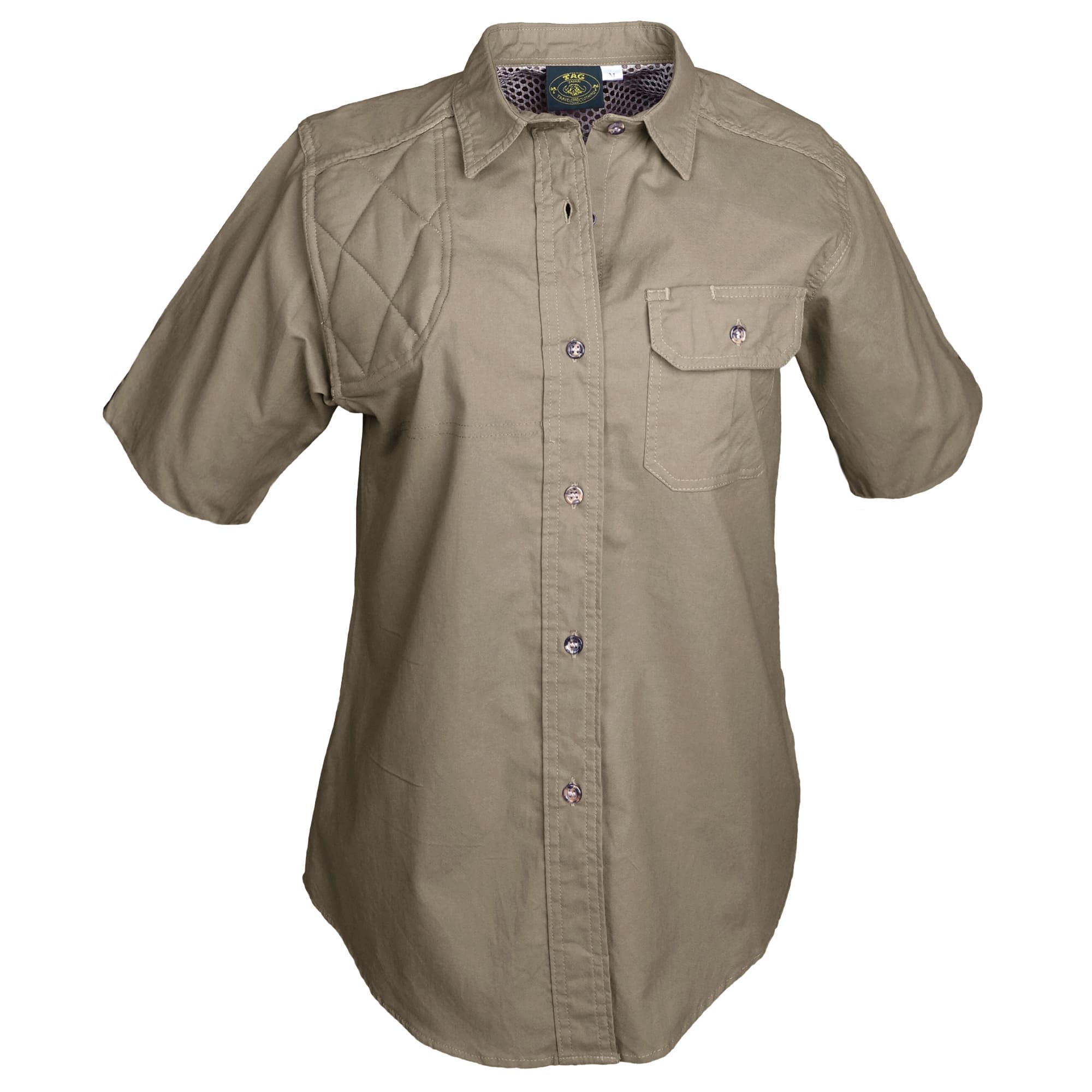 Tag Safari Short-Sleeve Clay Bird Shirt for Women features a vented back, mesh liner, quilted shooting pad, and button-flap chest pocket. Shown in Khaki.--4