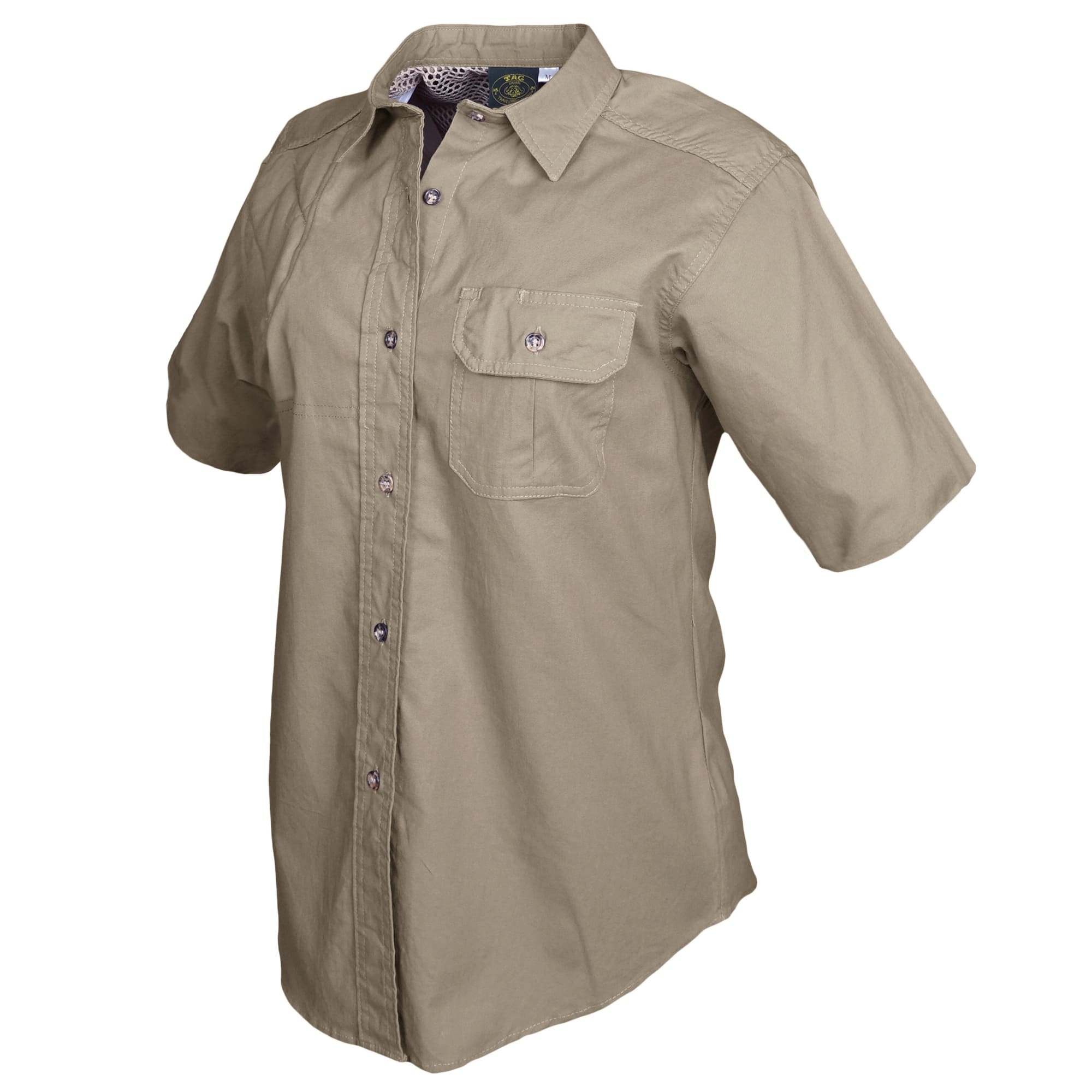 Tag Safari Short-Sleeve Clay Bird Shirt for Women features a vented back, mesh liner, quilted shooting pad, and button-flap chest pocket. Shown in Khaki.--6