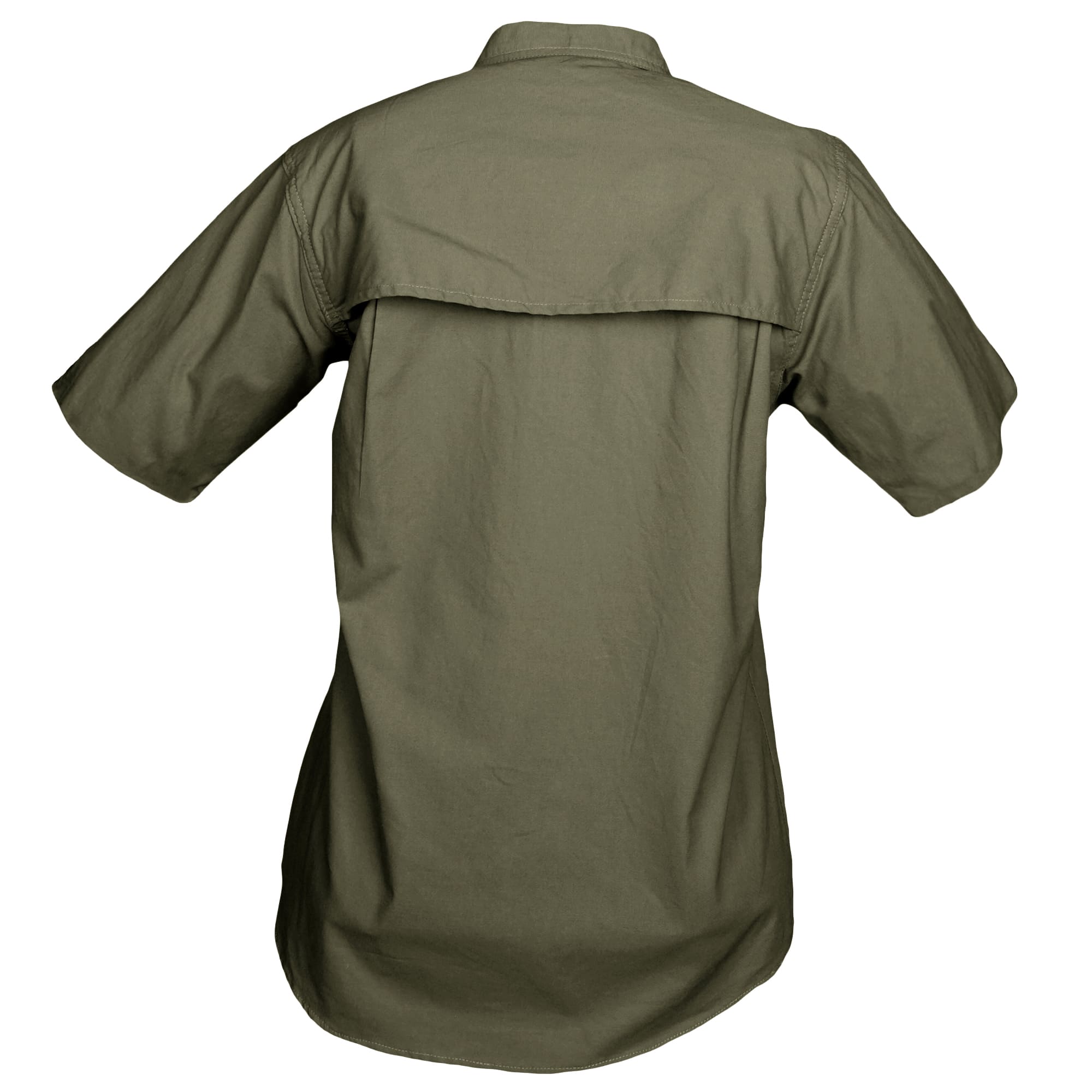Tag Safari Short-Sleeve Clay Bird Shirt for Women features a vented back, mesh liner, quilted shooting pad, and button-flap chest pocket. Shown in Moss Green.--2