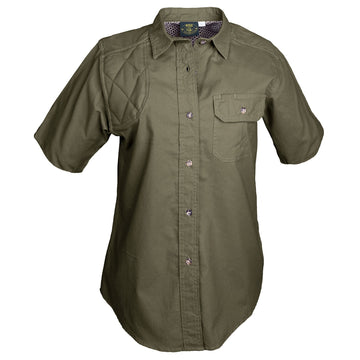 Tag Safari Short-Sleeve Clay Bird Shirt for Women features a vented back, mesh liner, quilted shooting pad, and button-flap chest pocket. Shown in Moss Green.