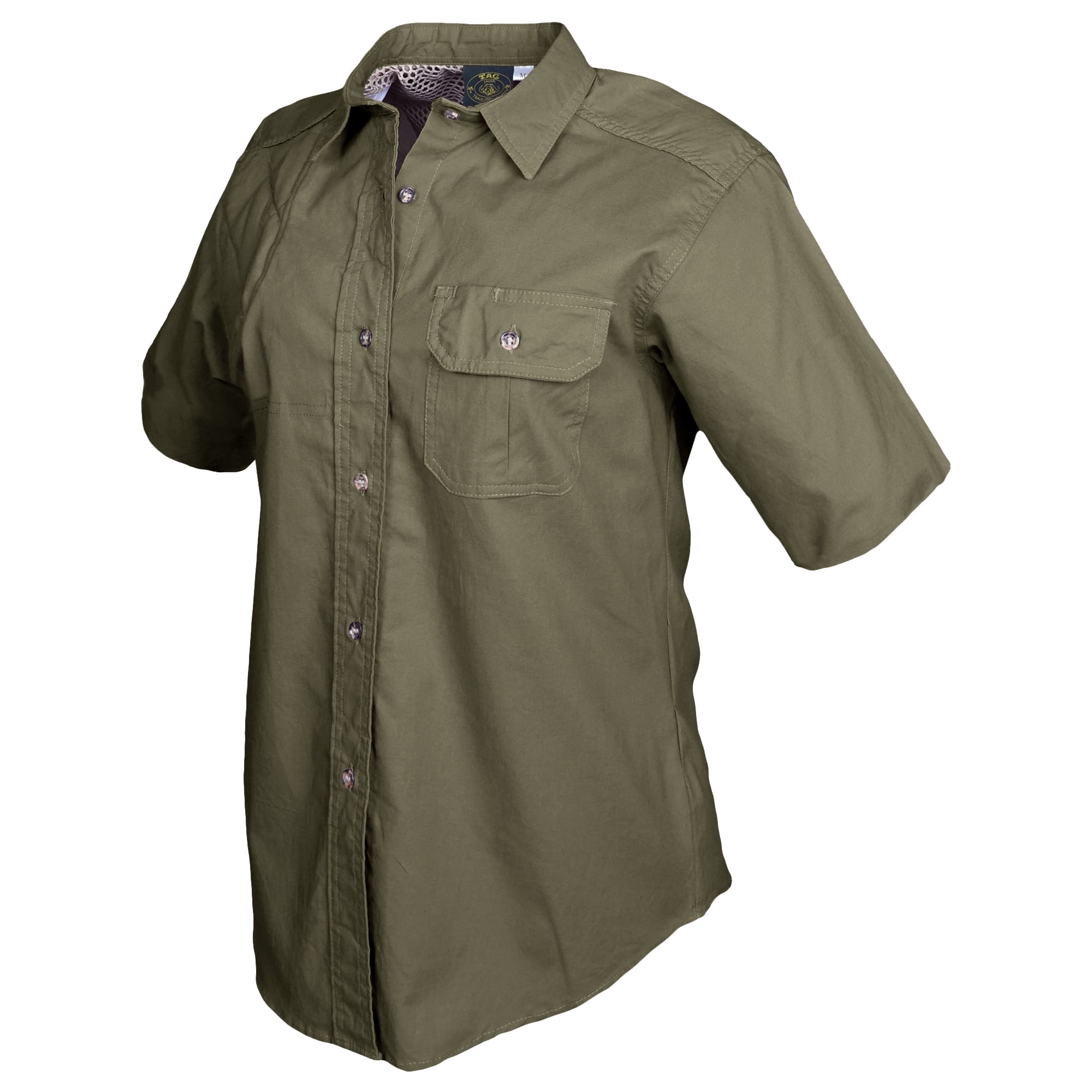 Tag Safari Short-Sleeve Clay Bird Shirt for Women features a vented back, mesh liner, quilted shooting pad, and button-flap chest pocket. Shown in Moss Green.--3