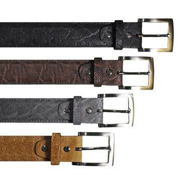 Elephant Leather Belts from Tag Safari in Black, Brown, Chestnut and Gray feature a removable brass buckle, matching fixed belt keeper, waist adjustment holes, belt length adjustment screws, and an inside Tag branded logo.