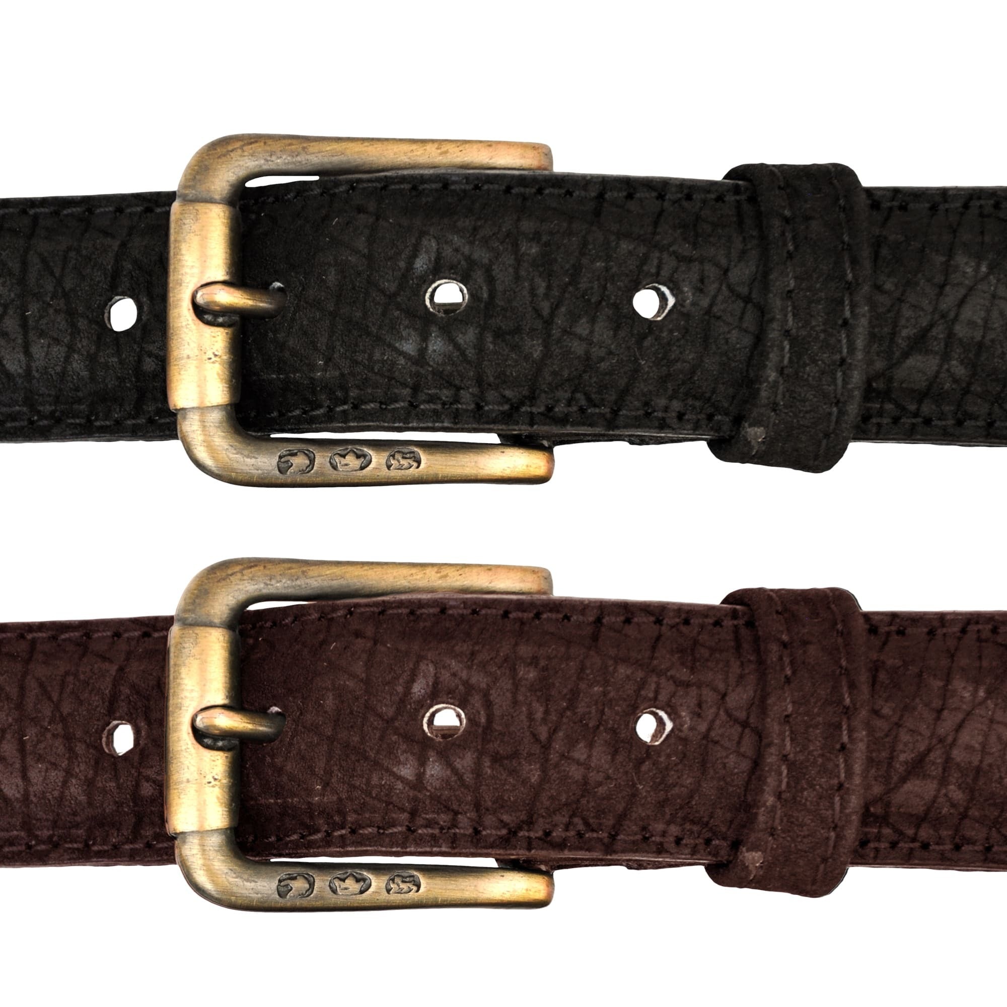 Hippo Leather Belts from Tag Safari in Black and Brown feature a removable brass buckle, matching fixed belt keeper, waist adjustment holes, belt length adjustment screws, and an inside Tag branded logo.--1