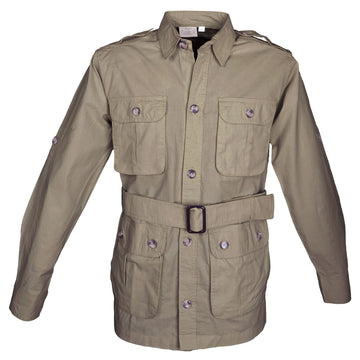Tag Safari Jacket for Men features button-flap chest pockets, button-flap cargo waist pockets, functional epaulettes, roll-up sleeve tabs, and a waist belt with adjustable buckle. Shown in Khaki.
