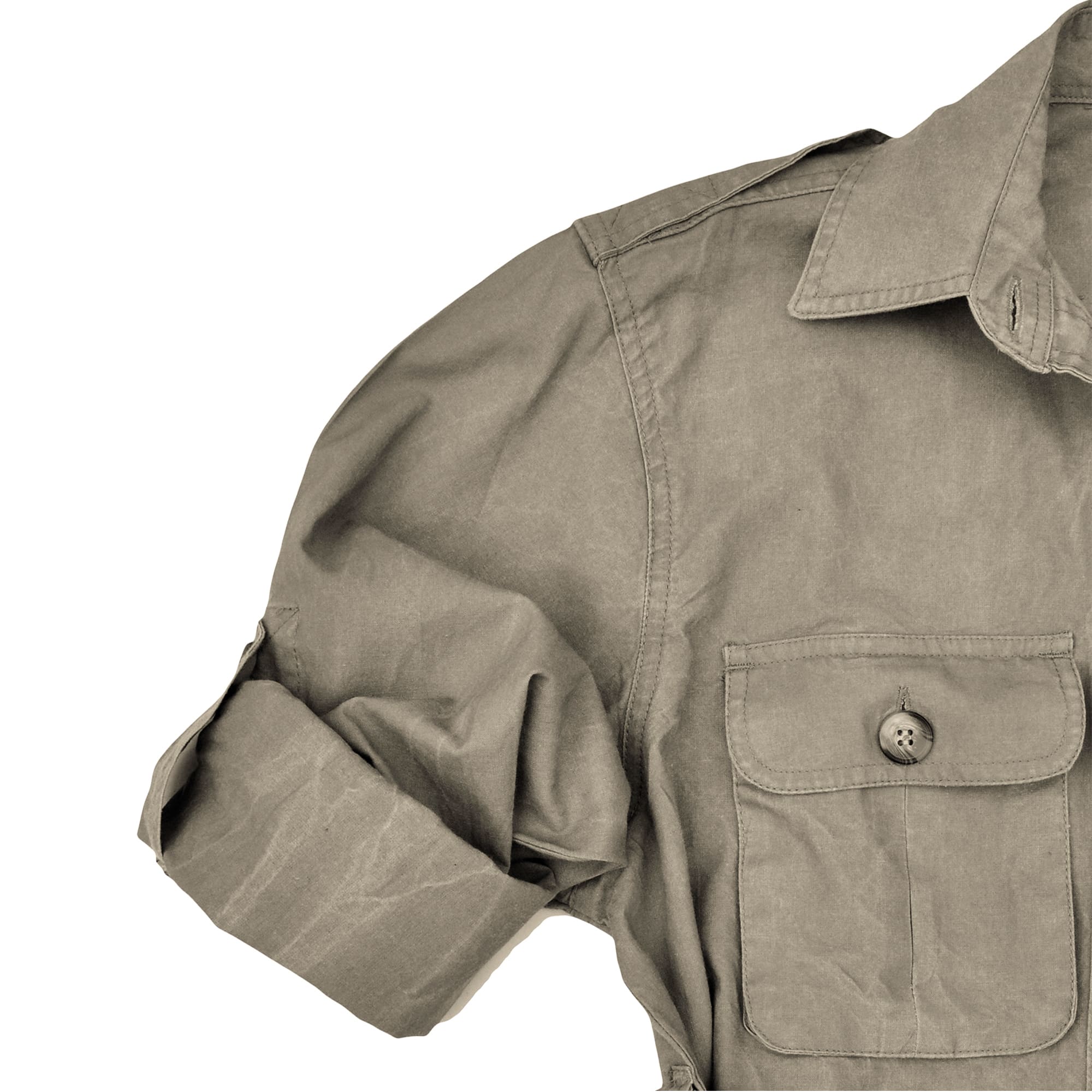 Tag Safari Jacket for Men features button-flap chest pockets, button-flap cargo waist pockets, functional epaulettes, roll-up sleeve tabs, and a waist belt with adjustable buckle. Shown in Khaki.--4