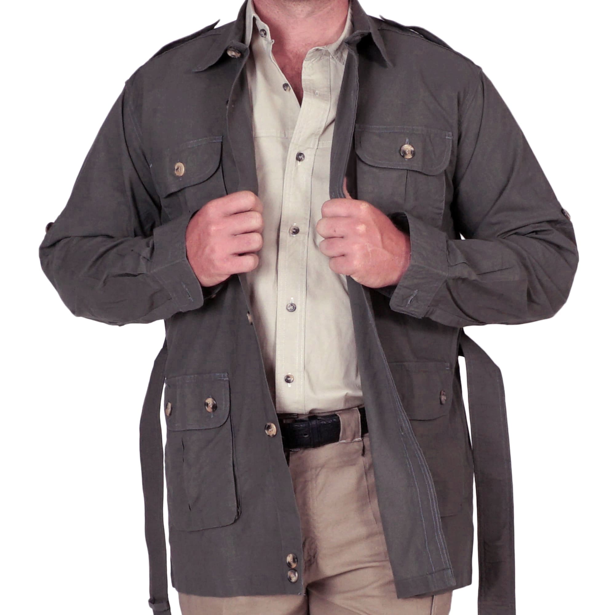 Tag Safari Jacket for Men features button-flap chest pockets, button-flap cargo waist pockets, functional epaulettes, roll-up sleeve tabs, and a waist belt with adjustable buckle. Shown in Olive Gray.--11