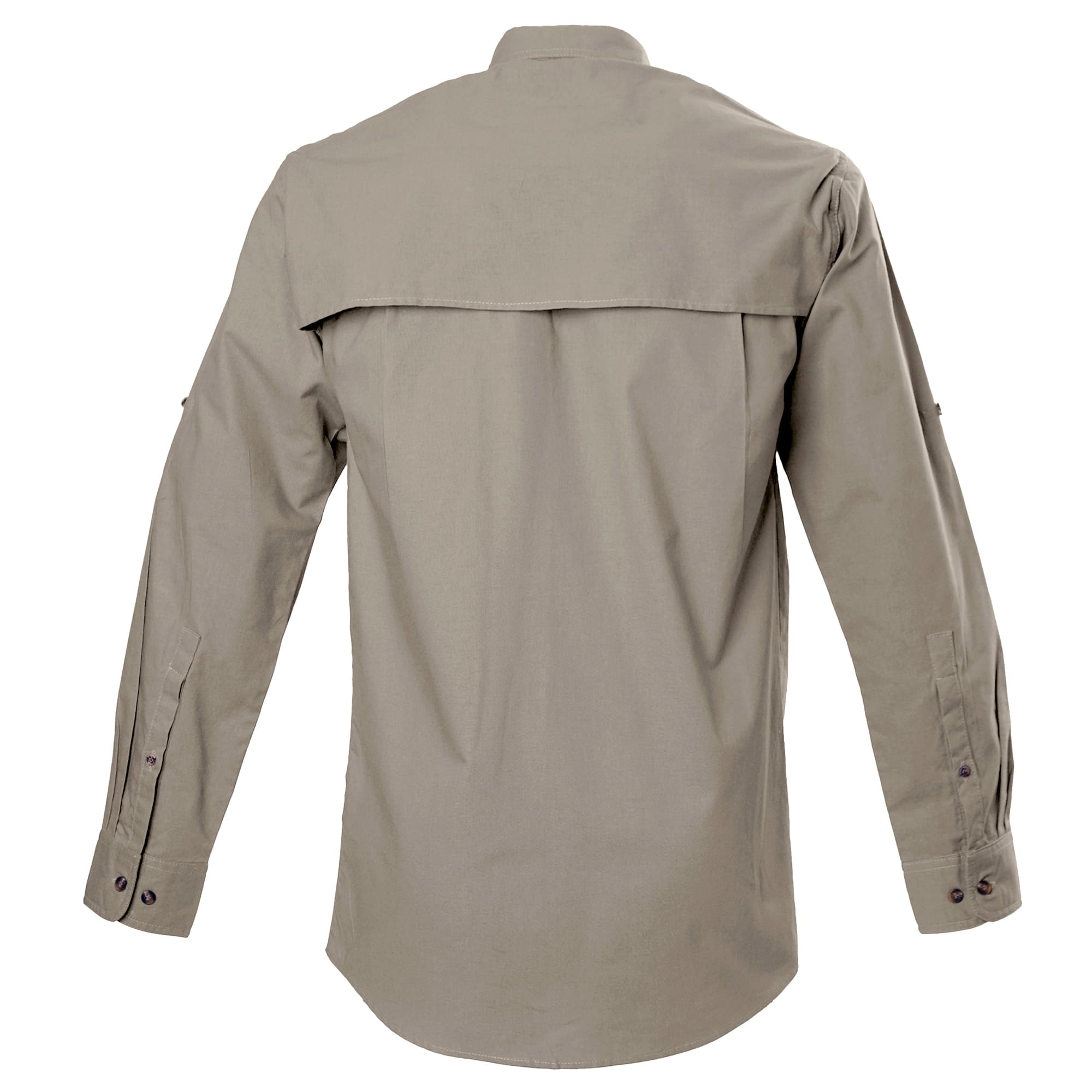 Back view of a Long Sleeve Left-Hand Hunter Shirt for Men in Khaki. Shows a vented back and roll-up sleeve tabs.--2