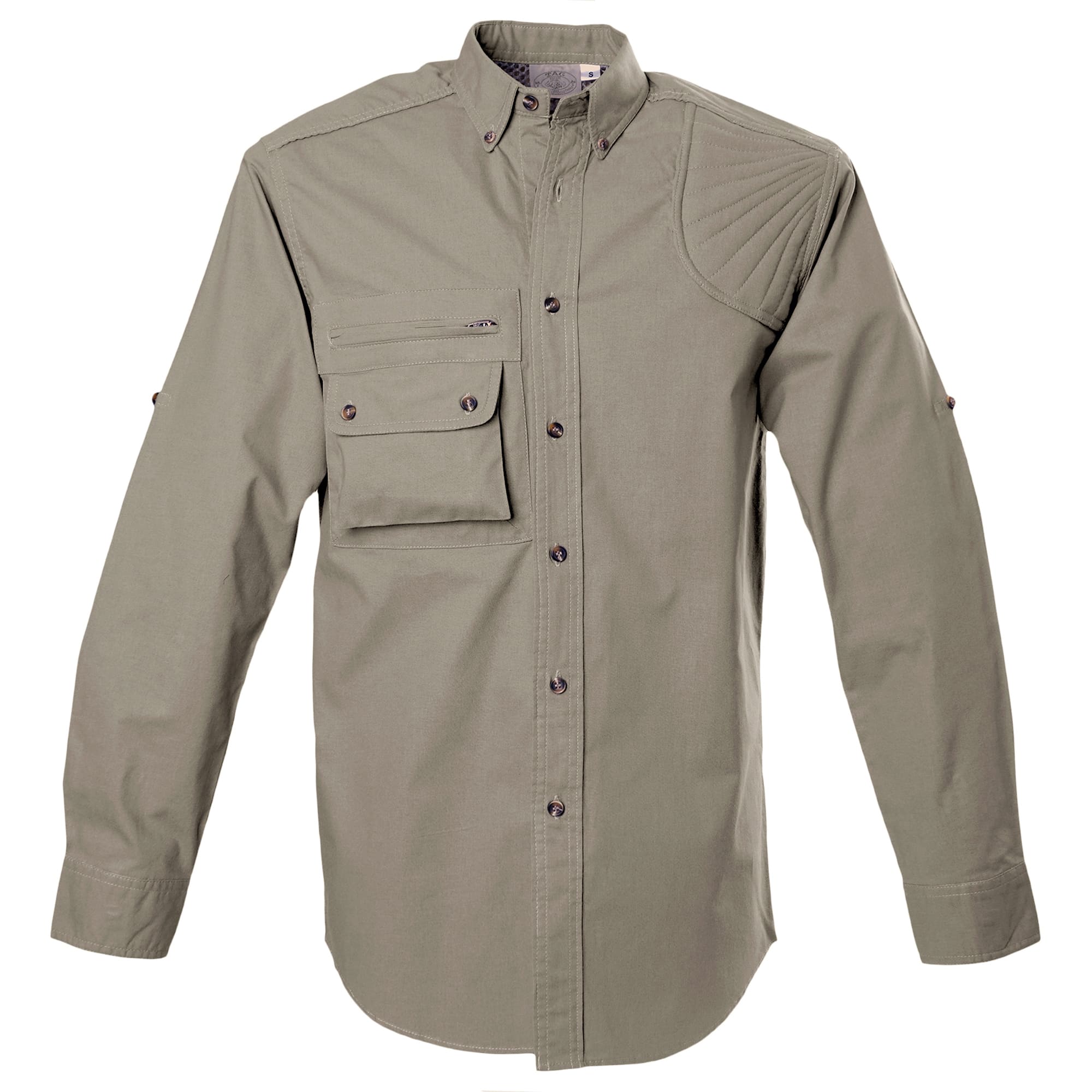 Front view of a Long Sleeve Left-Hand Hunter Shirt for Men in Khaki. Shows a mesh liner, quilted shooting pad, zippered chest pocket, button-flap chest pocket, roll-up sleeve tabs, and a button-down front placket.--1