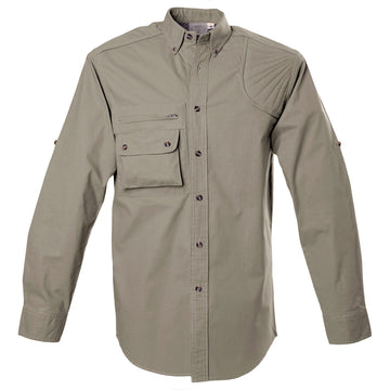Left-Hand Hunter Shirt for Men in Long-Sleeves features a vented back, mesh liner, quilted shooting pad, zippered and button-flap chest pockets, and roll-up sleeve tabs. Shown in Khaki.