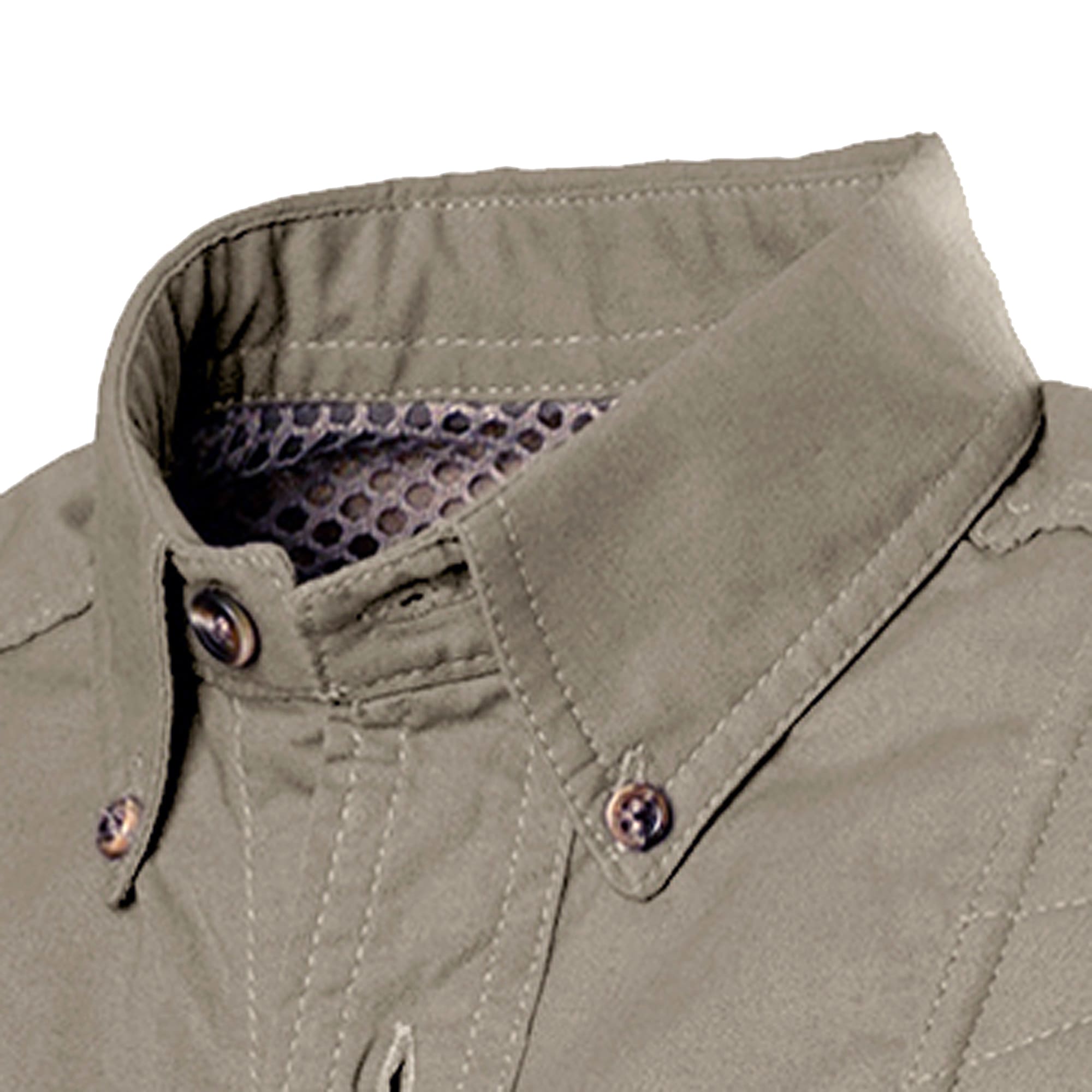 Close-up of a Long Sleeve Left-Hand Hunter Shirt for Men in Khaki. Shows a mesh liner.--5