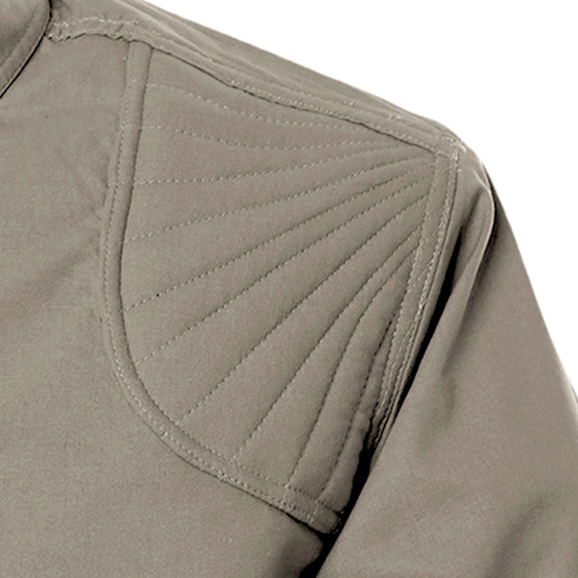 Close-up of a Long Sleeve Left-Hand Hunter Shirt for Men in Khaki. Shows a quilted shooting pad.--4