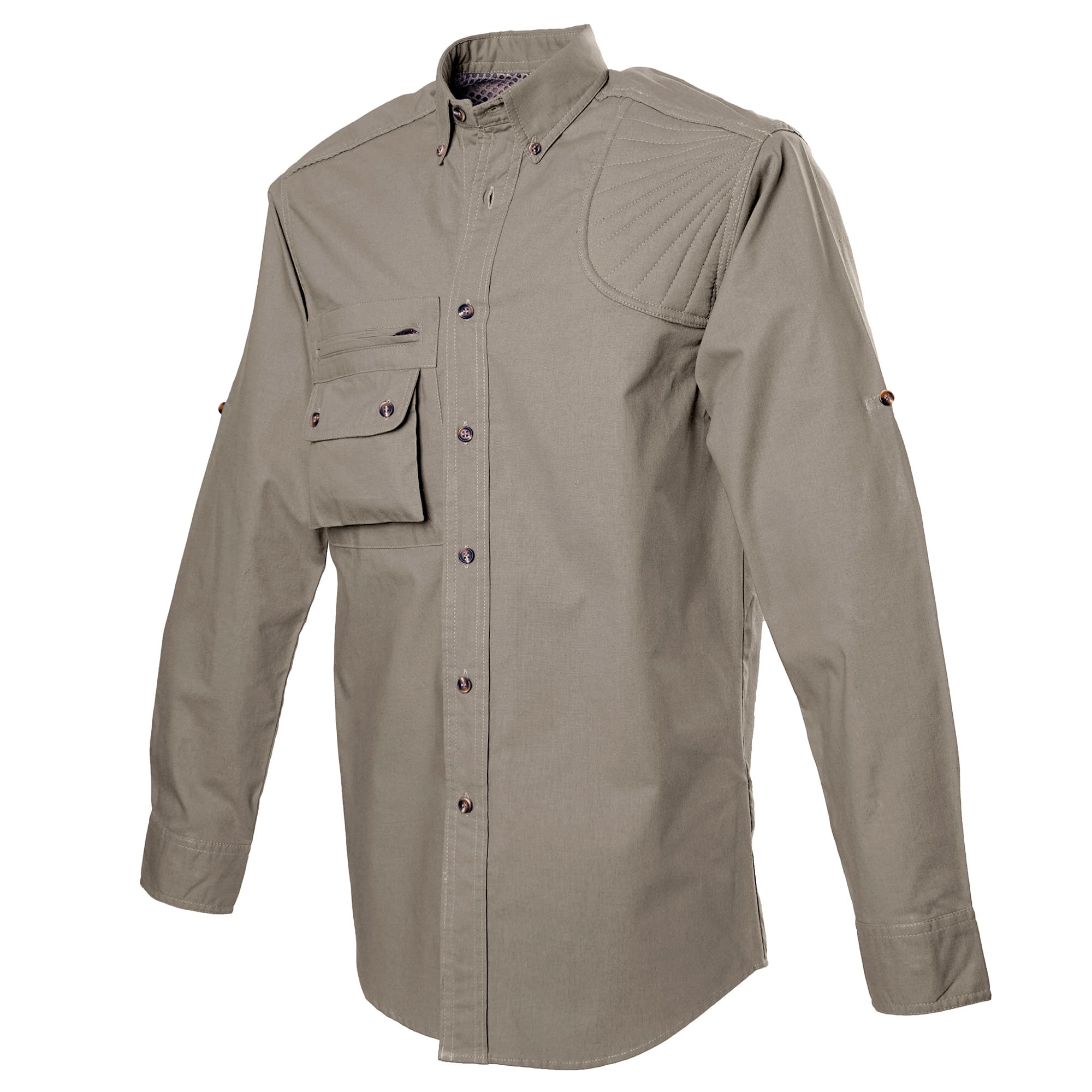 Side view of a Long Sleeve Left-Hand Hunter Shirt for Men in Khaki. Shows a mesh liner, quilted shooting pad, zippered chest pocket, button-flap chest pocket, roll-up sleeve tabs, and a button-down front placket.--3
