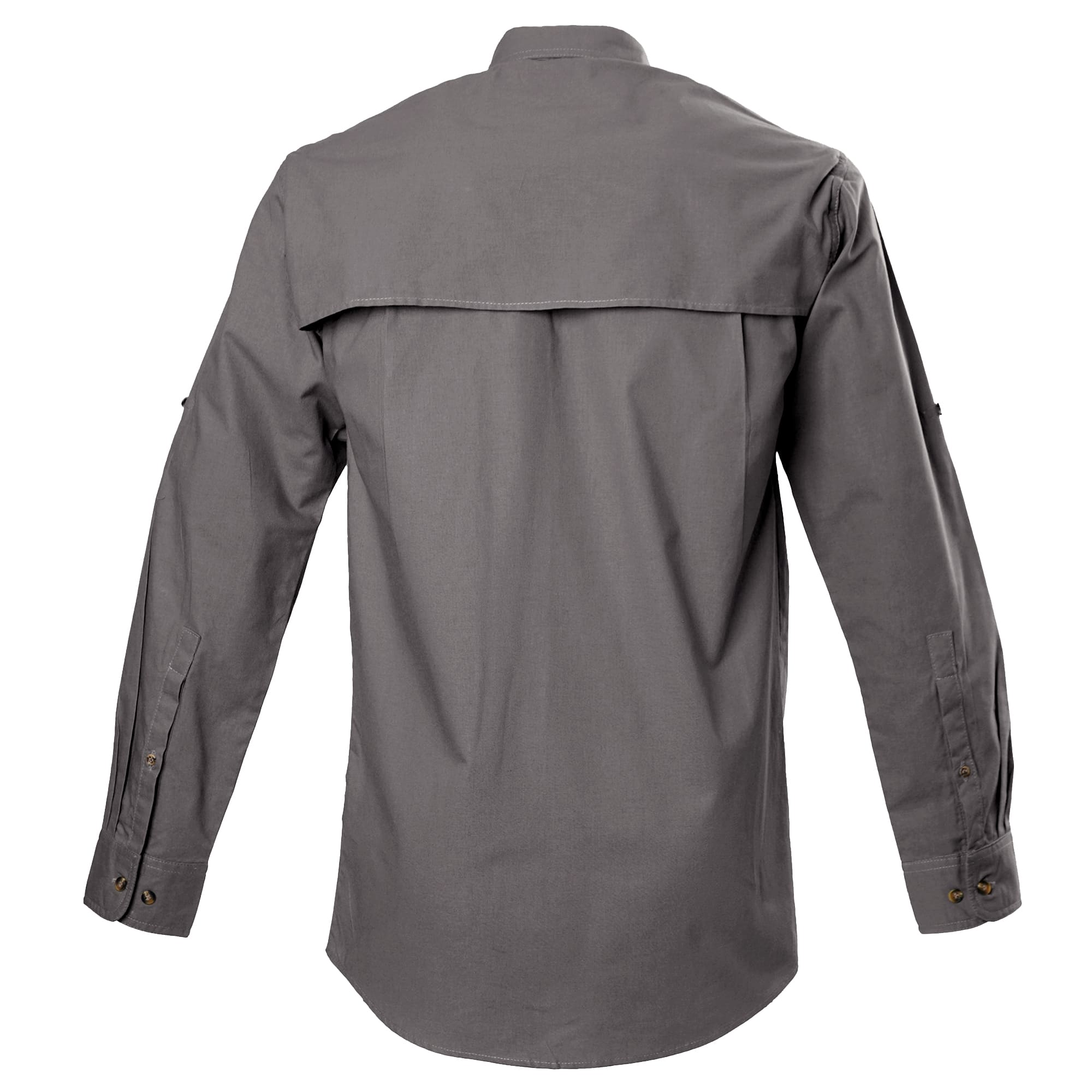 Back view of a Long Sleeve Left-Hand Hunter Shirt for Men in Olive Gray. Shows a vented back and roll-up sleeve tabs.--8