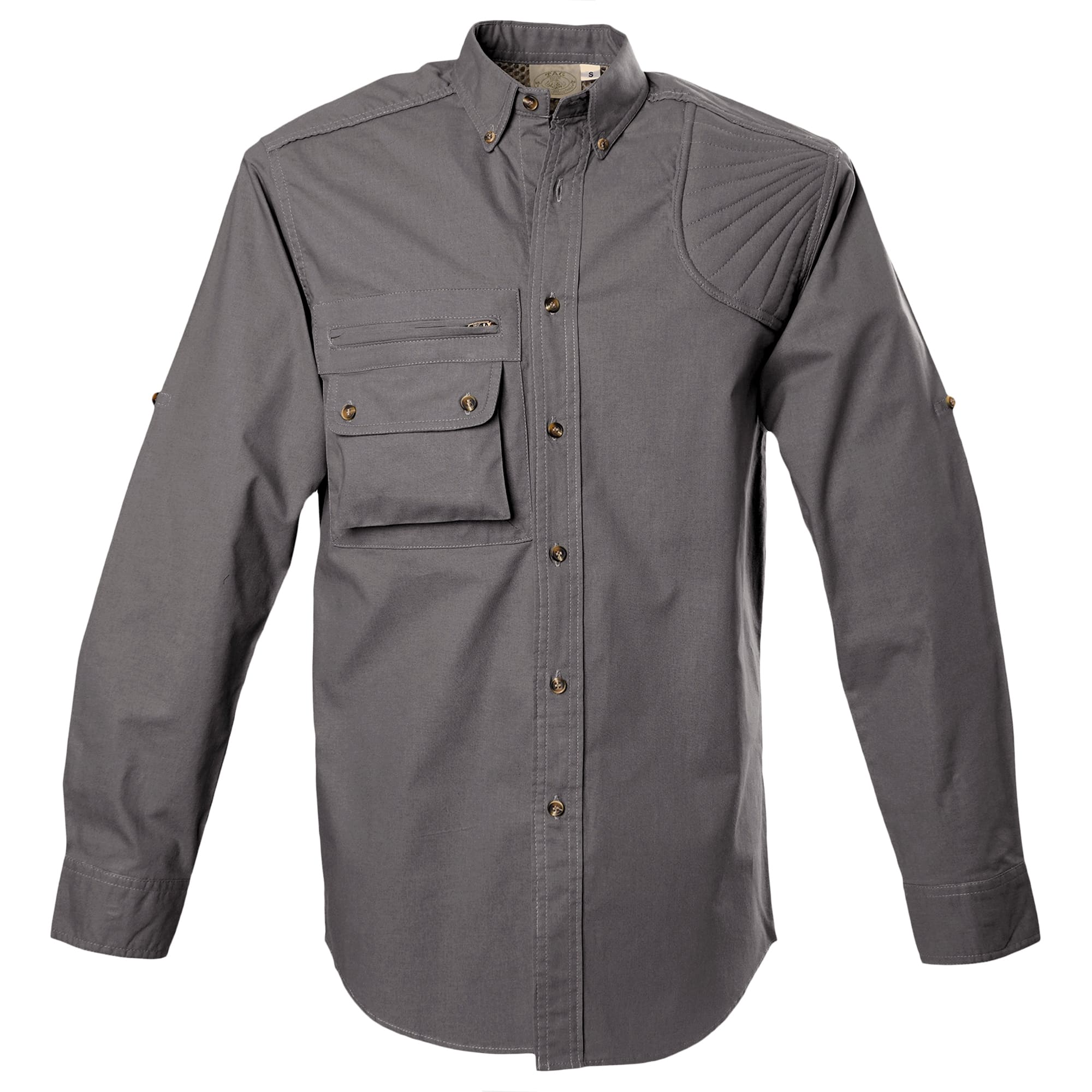 Front view of a Long Sleeve Left-Hand Hunter Shirt for Men in Olive Gray. Shows a mesh liner, quilted shooting pad, zippered chest pocket, button-flap chest pocket, roll-up sleeve tabs, and a button-down front placket.--7