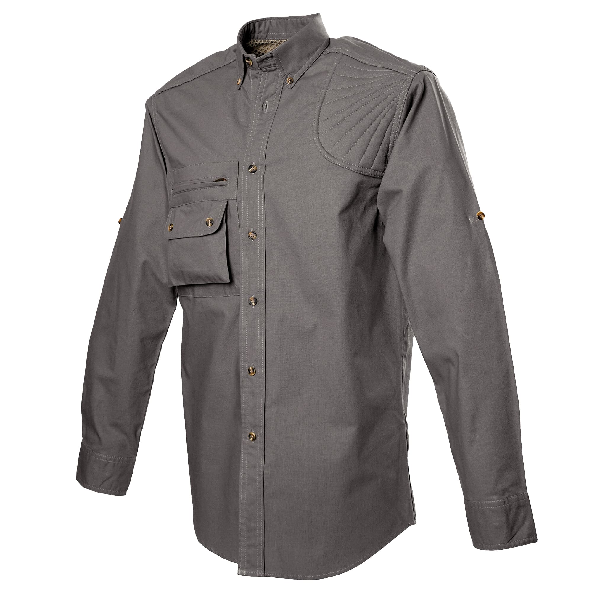 Side view of a Long Sleeve Left-Hand Hunter Shirt for Men in Olive Gray. Shows a mesh liner, quilted shooting pad, zippered chest pocket, button-flap chest pocket, roll-up sleeve tabs, and a button-down front placket.--9