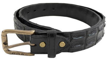 Crocodile Leather Belt from Tag Safari in Black features a removable brass buckle, matching fixed belt keeper, waist adjustment holes, belt length adjustment screws, and an inside Tag branded logo.
