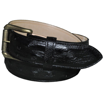 Front of a Tag Safari Ostrich Leather Belt in Black. Shows a removable brass buckle, a matching leather belt keeper, and belt adjustment holes.