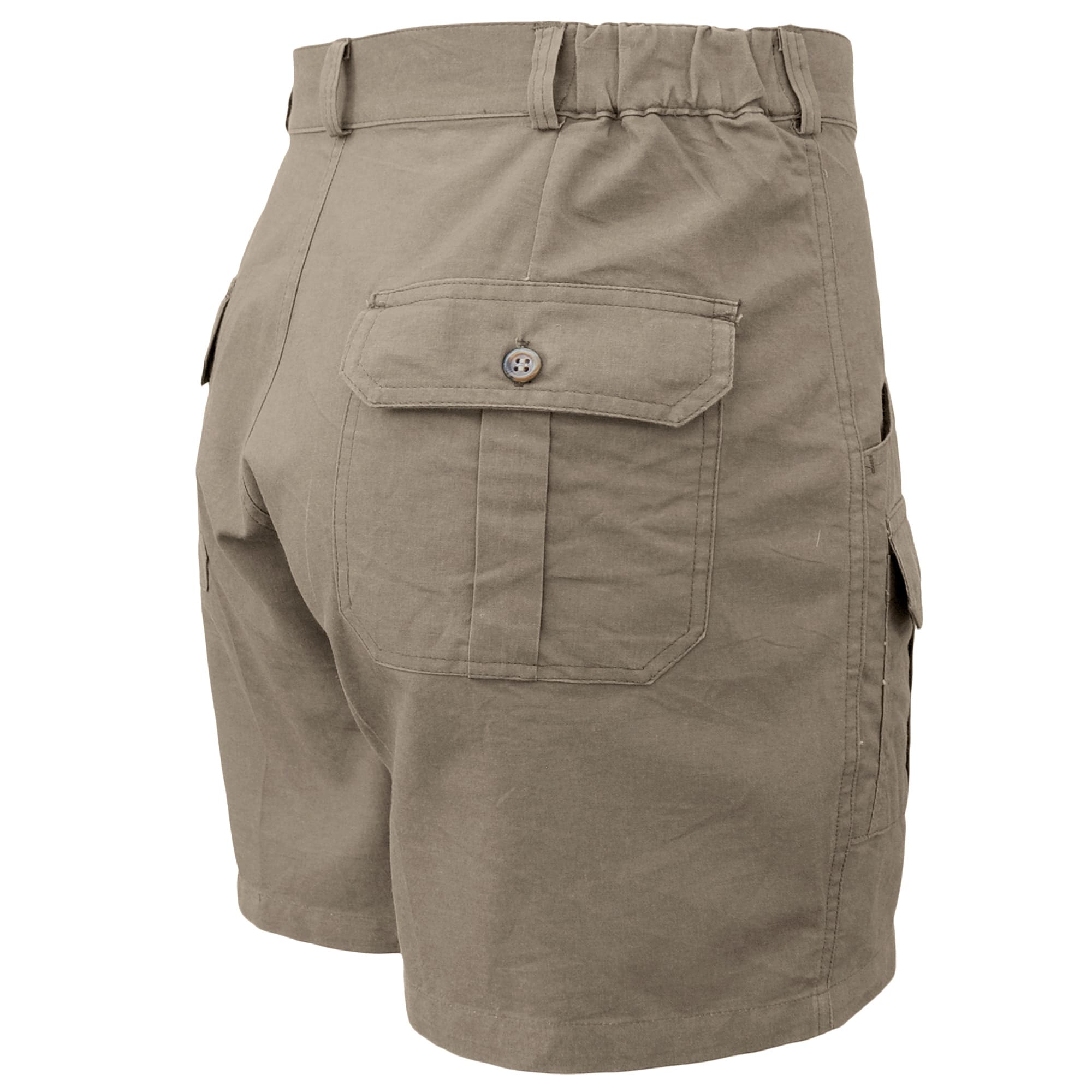 Safari Pro Hunter Shorts for Men feature slash-style side pockets, button-flap thigh and back pockets, discreet elastic waist panels, large belt loops, and a 5 1/2
