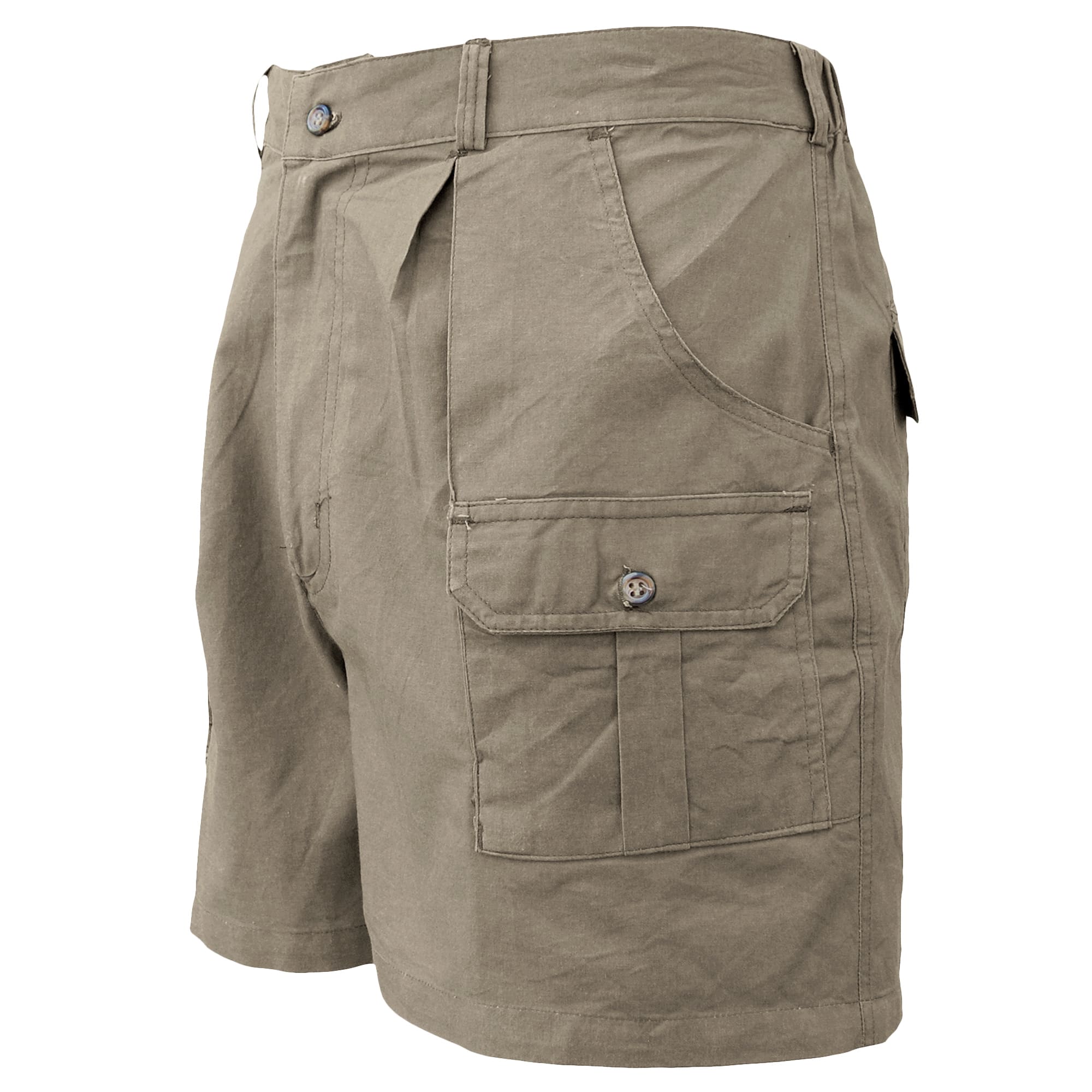 Safari Pro Hunter Shorts for Men feature slash-style side pockets, button-flap thigh and back pockets, discreet elastic waist panels, large belt loops, and a 5 1/2