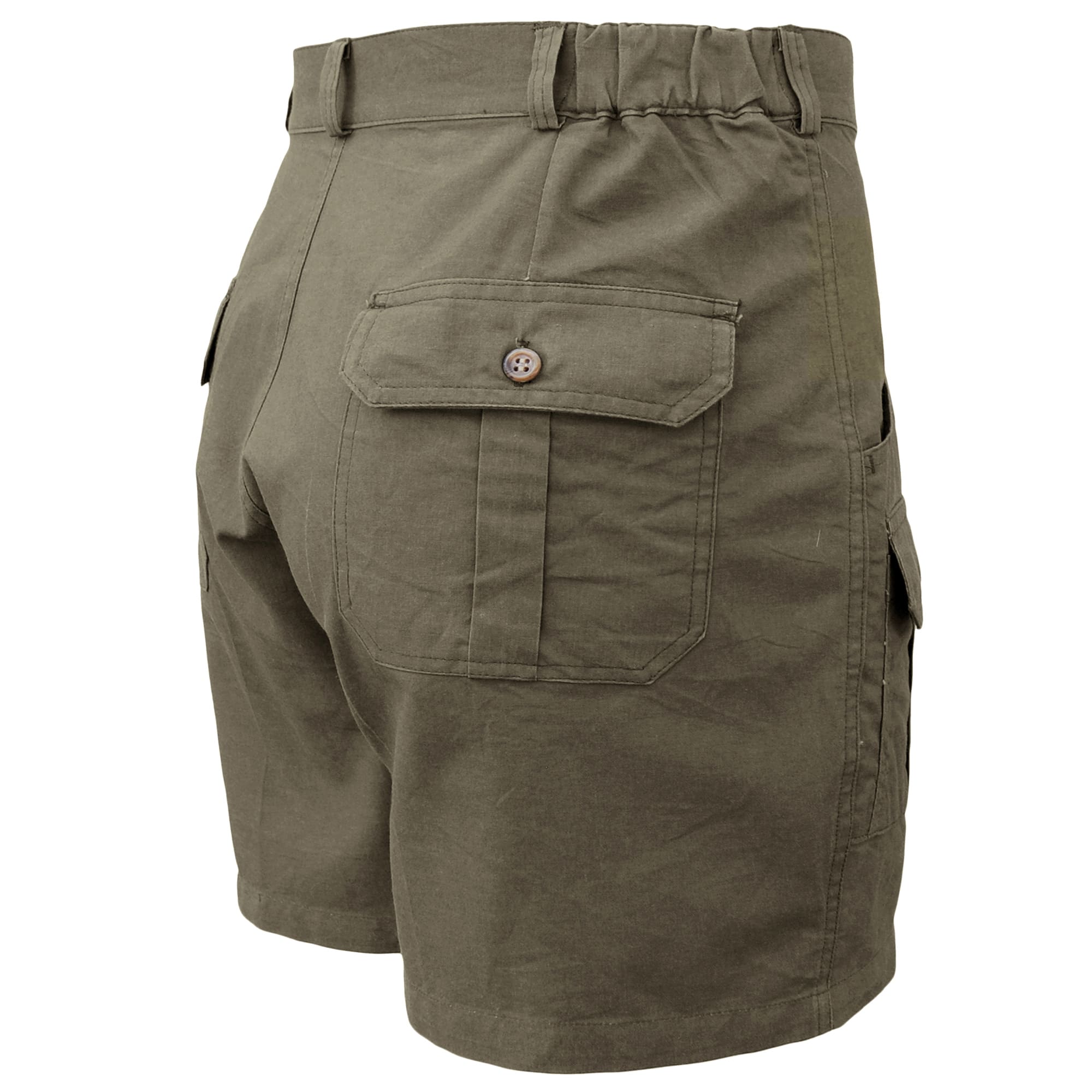 Safari Pro Hunter Shorts for Men feature slash-style side pockets, button-flap thigh and back pockets, discreet elastic waist panels, large belt loops, and a 5 1/2