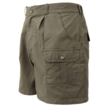 Safari Pro Hunter Shorts for Men feature slash-style side pockets, button-flap thigh and back pockets, discreet elastic waist panels, large belt loops, and a 5 1/2" inseam. Shown in Moss Green.