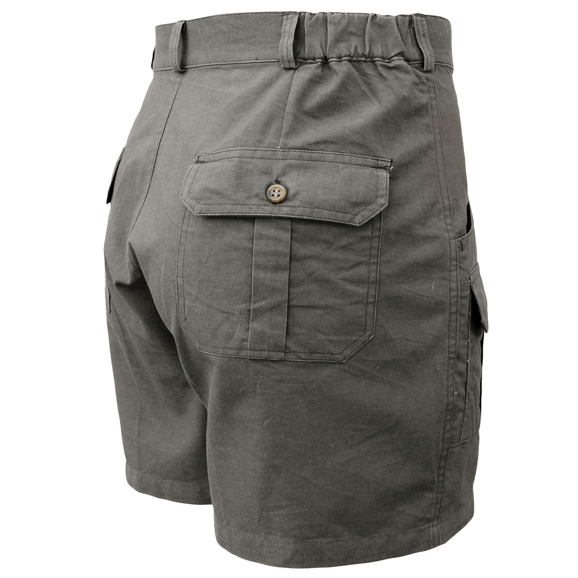 Safari Pro Hunter Shorts for Men feature slash-style side pockets, button-flap thigh and back pockets, discreet elastic waist panels, large belt loops, and a 5 1/2
