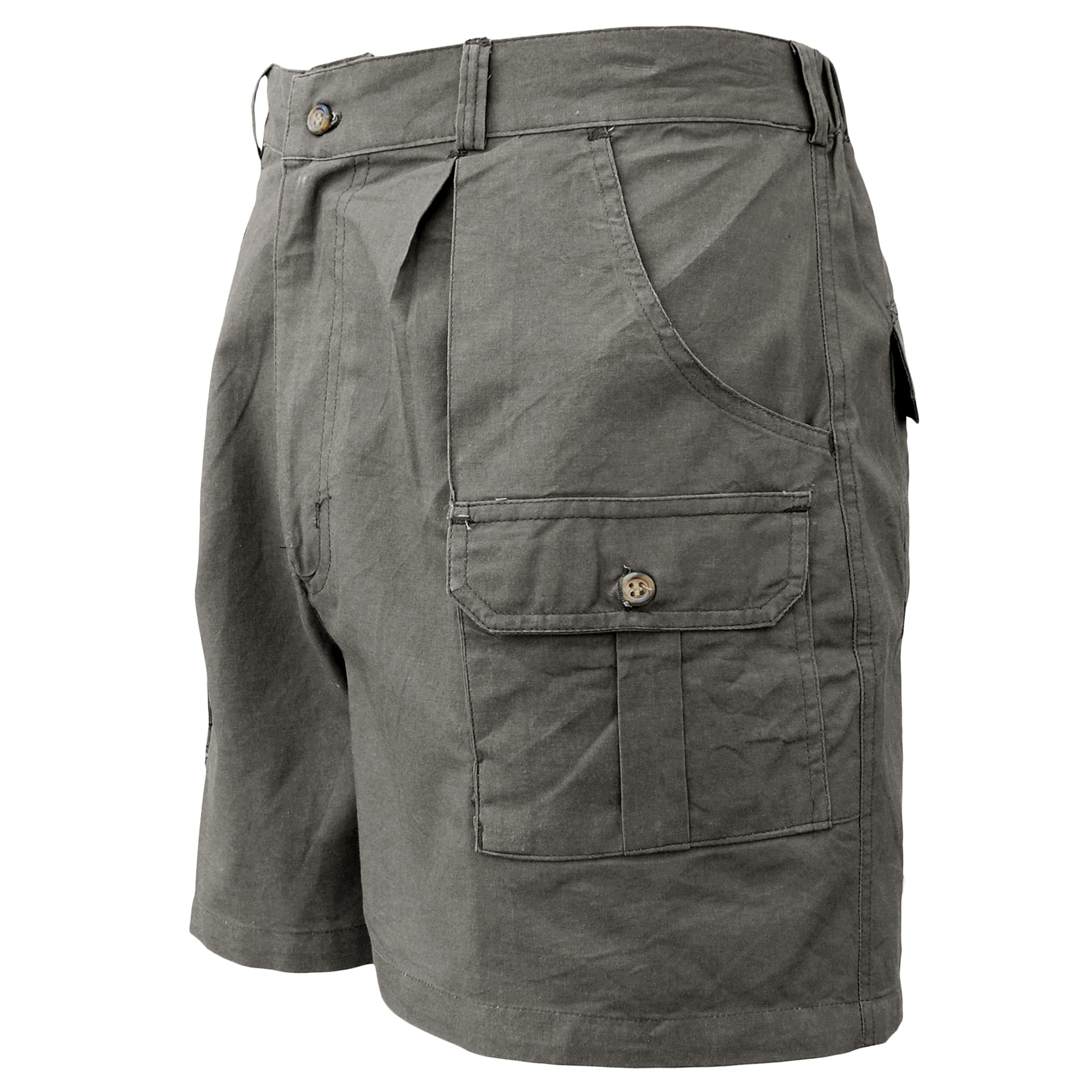 Safari Pro Hunter Shorts for Men feature slash-style side pockets, button-flap thigh and back pockets, discreet elastic waist panels, large belt loops, and a 5 1/2
