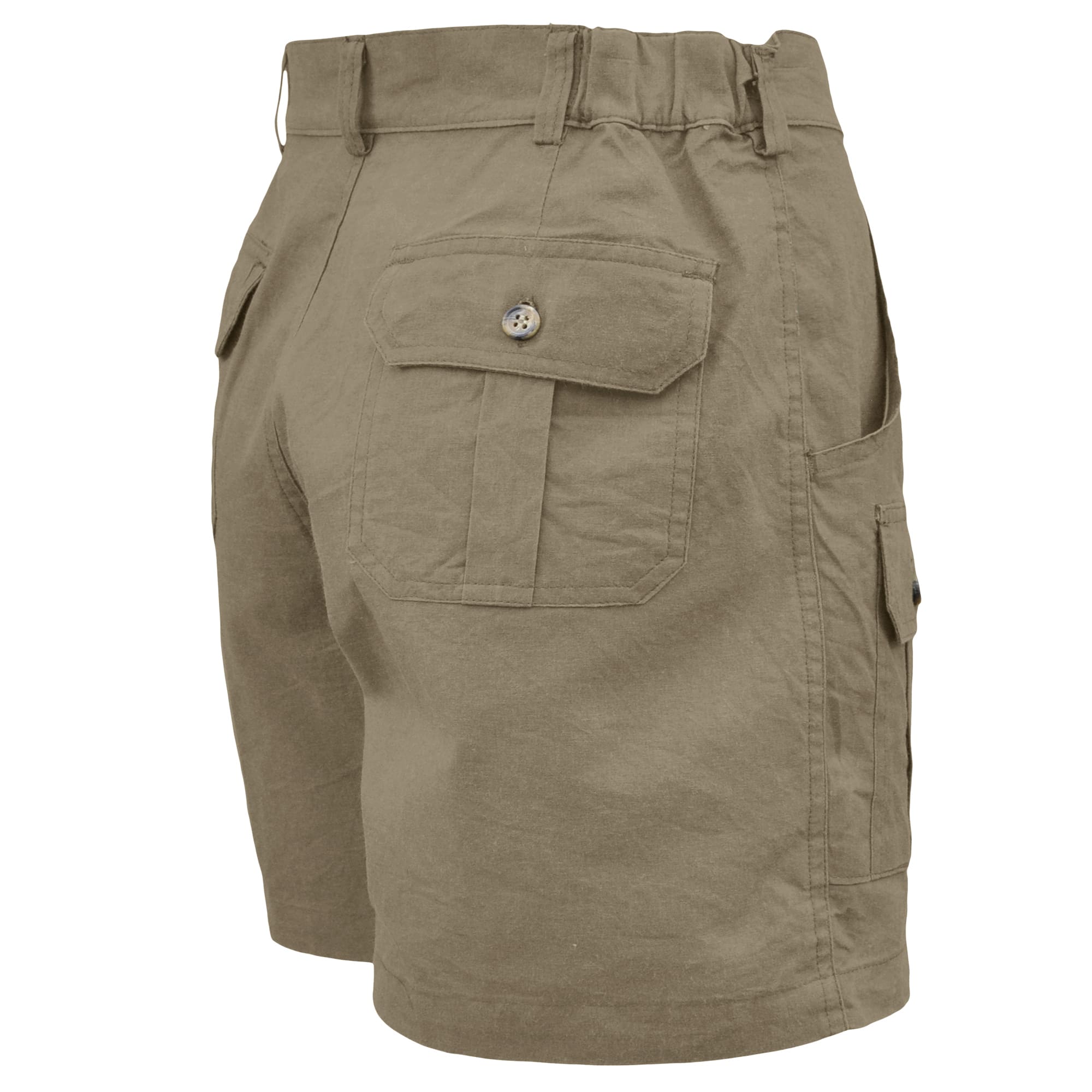 Tag Safari Pro Hunter Shorts for Women feature slash-style side pockets, button-flap thigh and back pockets, discreet elastic waist panels, large belt loops, and a 5 1/2