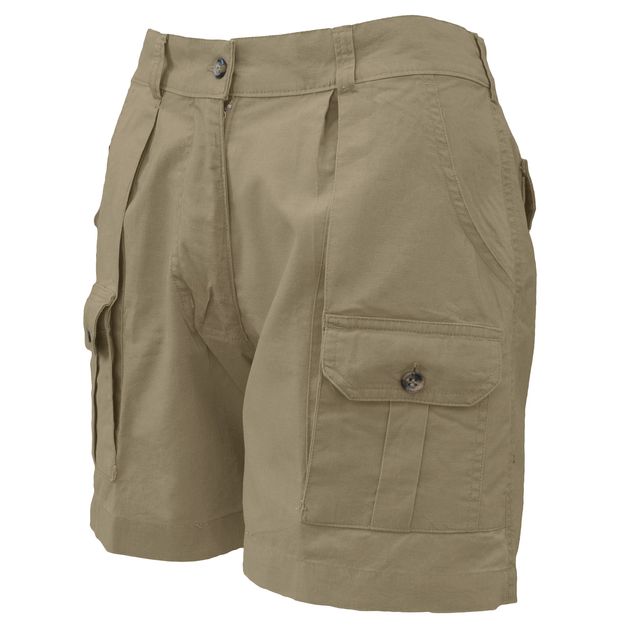 Tag Safari Pro Hunter Shorts for Women feature slash-style side pockets, button-flap thigh and back pockets, discreet elastic waist panels, large belt loops, and a 5 1/2