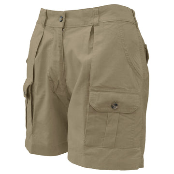 Tag Safari Pro Hunter Shorts for Women feature slash-style side pockets, button-flap thigh and back pockets, discreet elastic waist panels, large belt loops, and a 5 1/2" inseam. Shown in Khaki.
