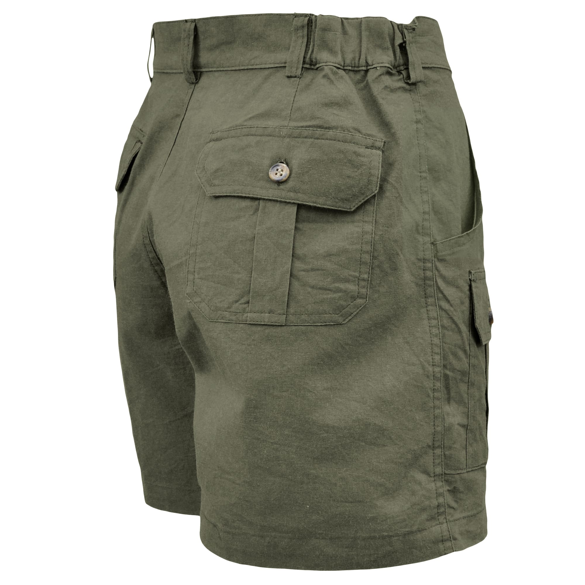Tag Safari Pro Hunter Shorts for Women feature slash-style side pockets, button-flap thigh and back pockets, discreet elastic waist panels, large belt loops, and a 5 1/2