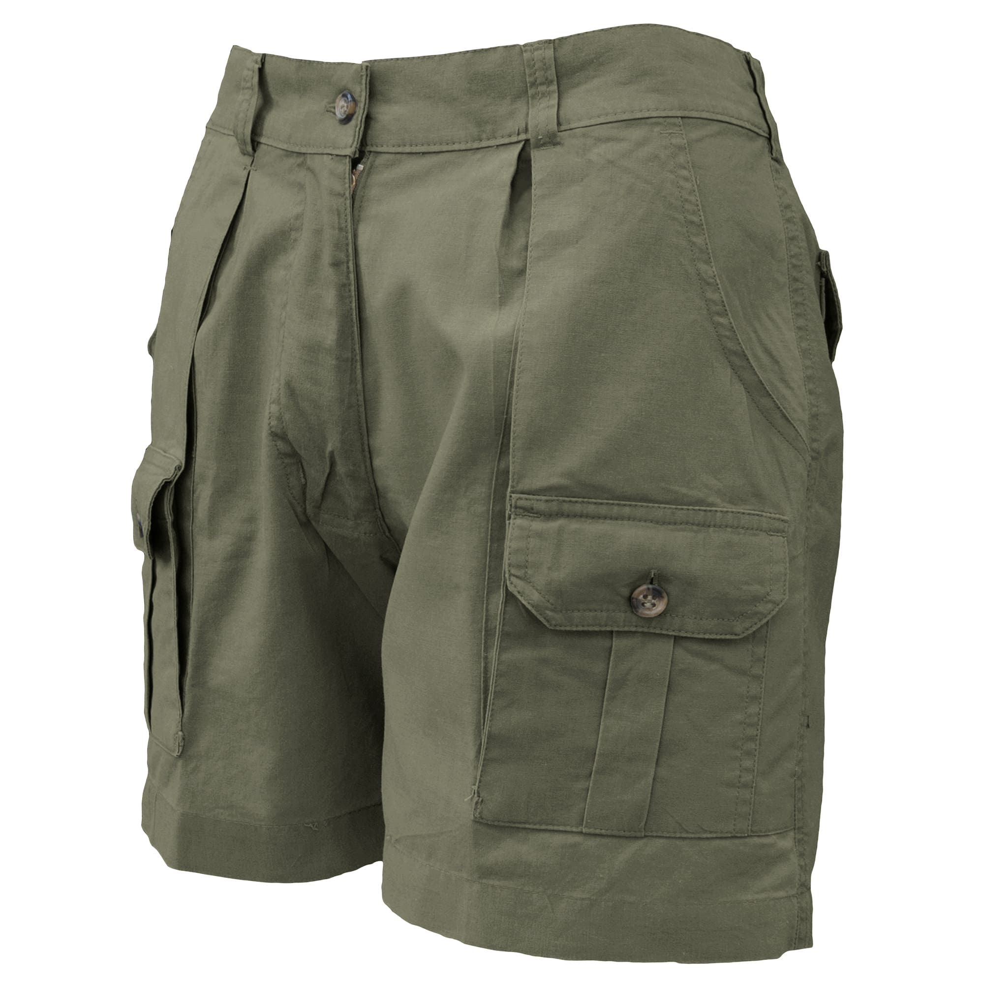 Tag Safari Pro Hunter Shorts for Women feature slash-style side pockets, button-flap thigh and back pockets, discreet elastic waist panels, large belt loops, and a 5 1/2