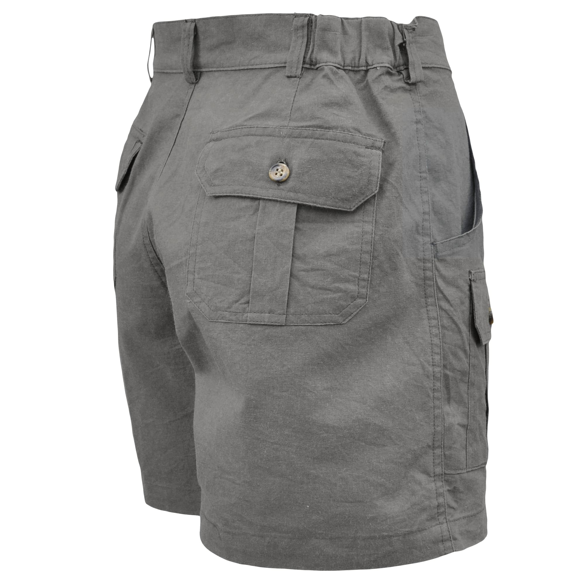 Tag Safari Pro Hunter Shorts for Women feature slash-style side pockets, button-flap thigh and back pockets, discreet elastic waist panels, large belt loops, and a 5 1/2