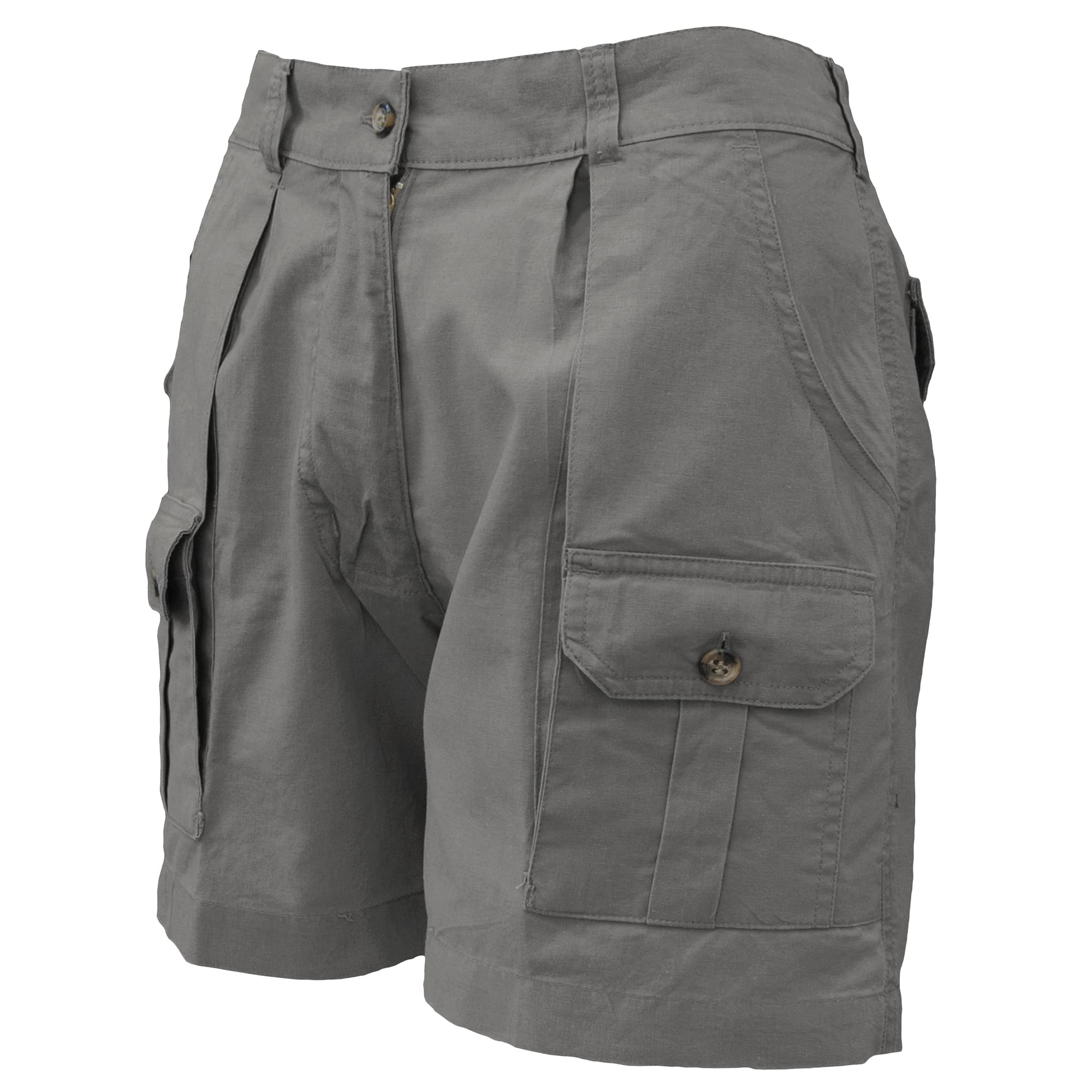 Tag Safari Pro Hunter Shorts for Women feature slash-style side pockets, button-flap thigh and back pockets, discreet elastic waist panels, large belt loops, and a 5 1/2